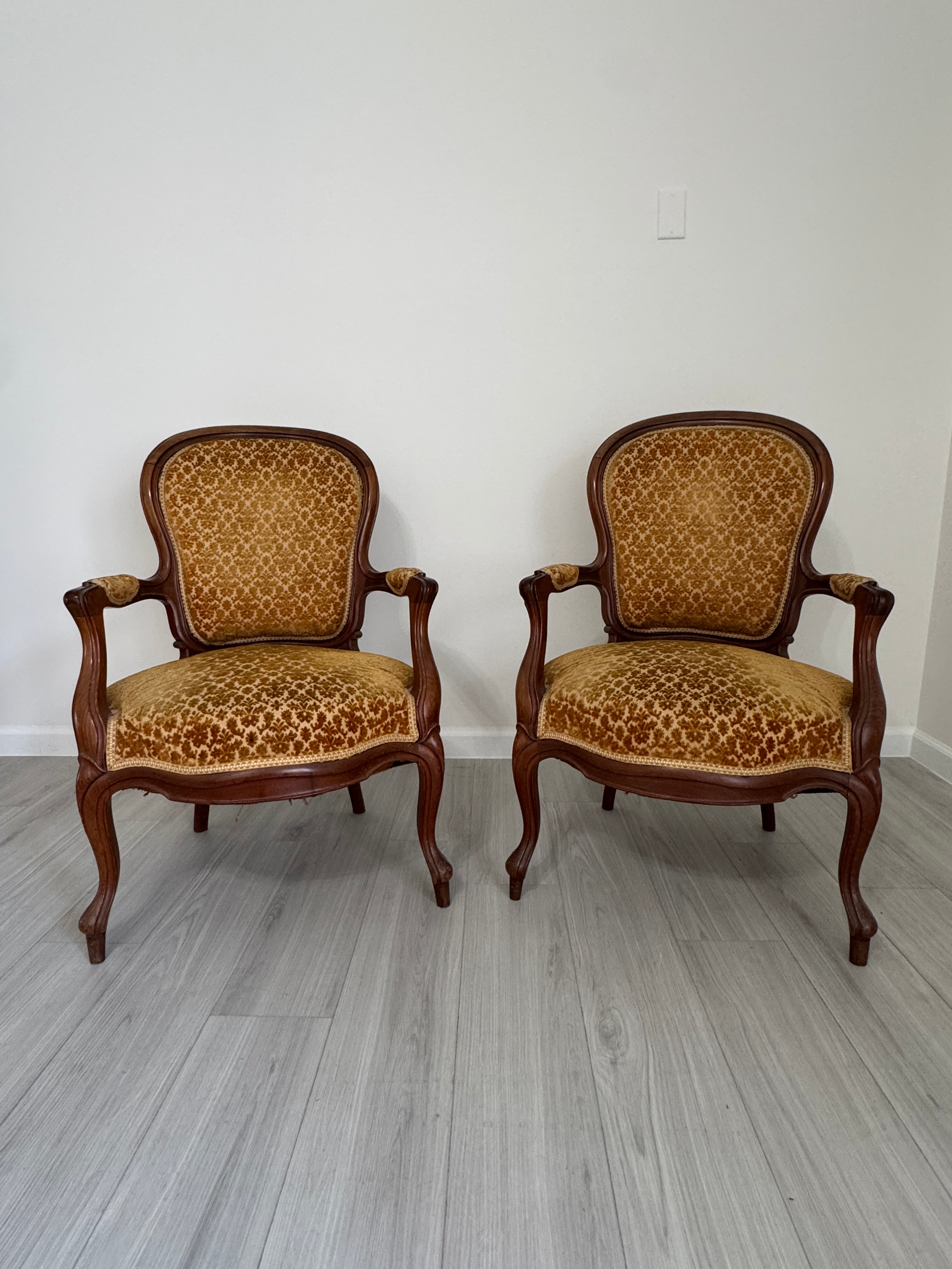 Vintage Louis XV Style Arm Chairs in Velvety Damask Upholstery - A Pair