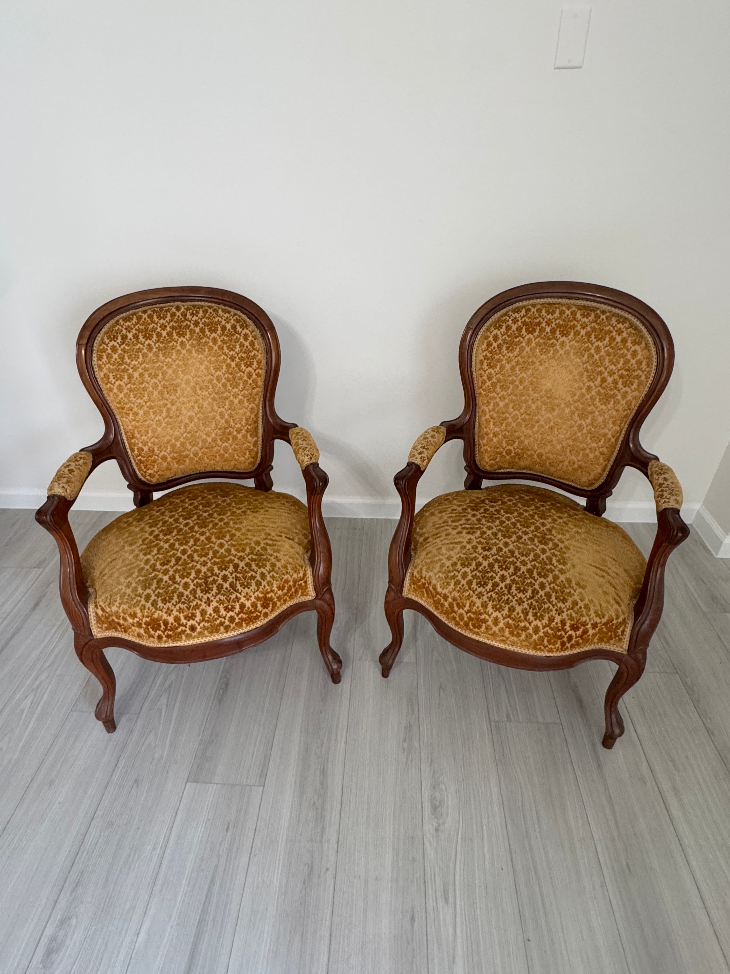 Vintage Louis XV Style Arm Chairs in Velvety Damask Upholstery - A Pair