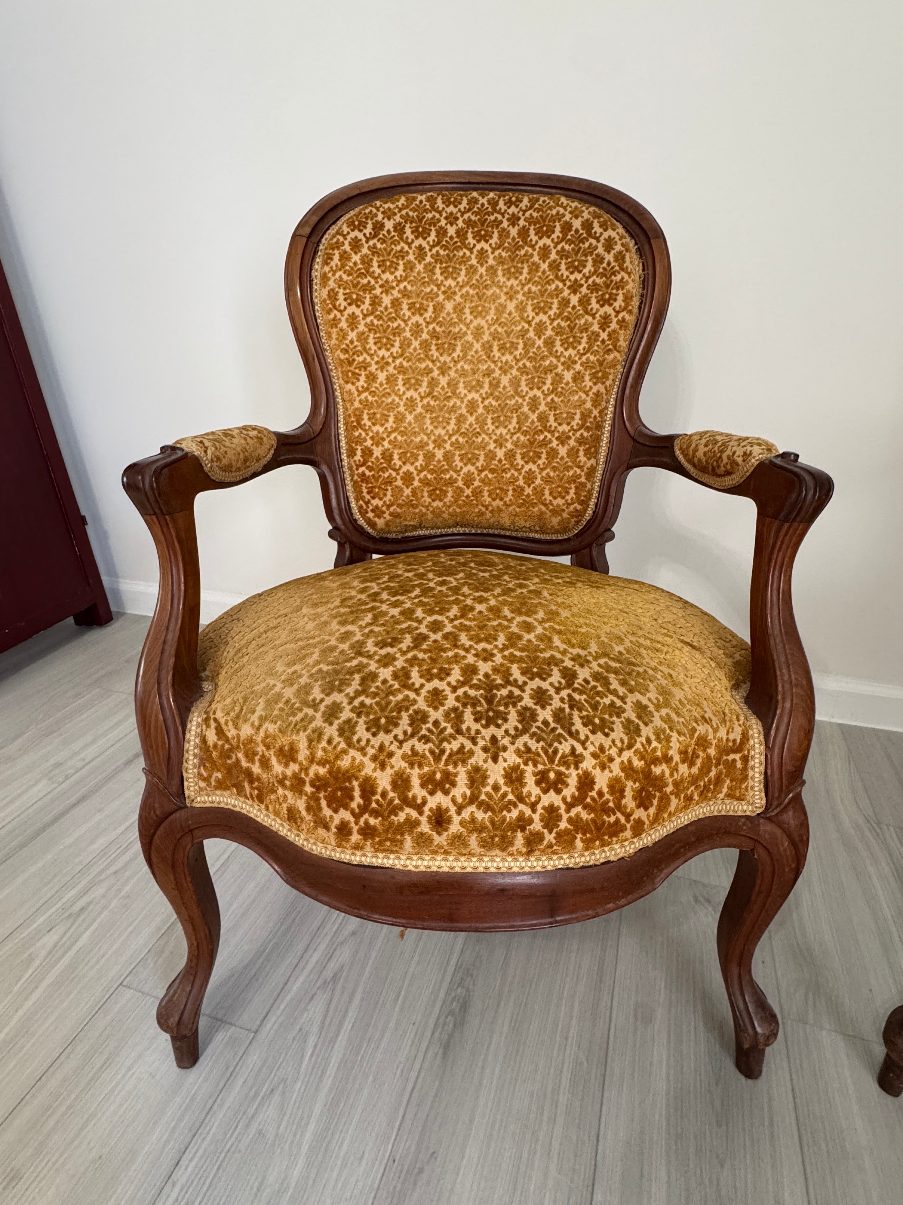 Vintage Louis XV Style Arm Chairs in Velvety Damask Upholstery - A Pair