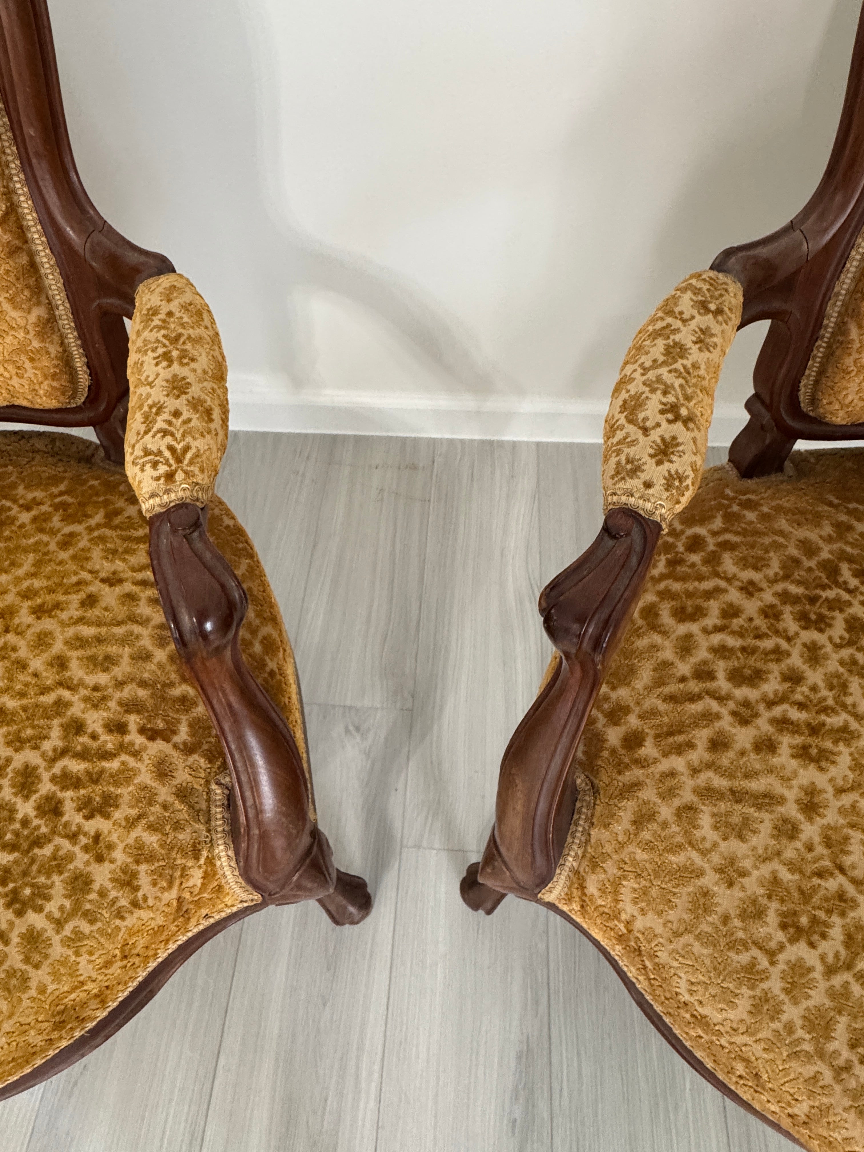 Vintage Louis XV Style Arm Chairs in Velvety Damask Upholstery - A Pair