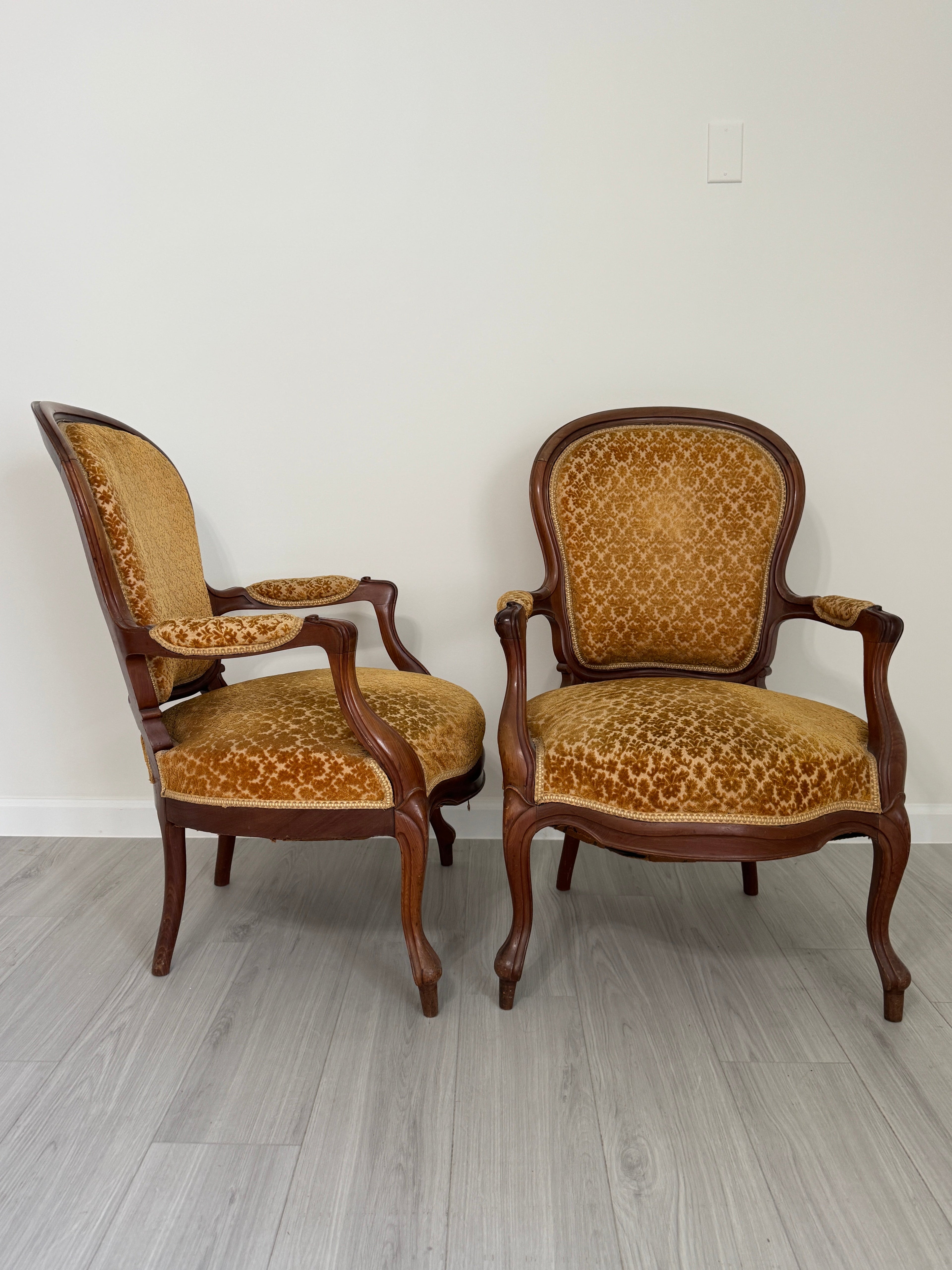 Vintage Louis XV Style Arm Chairs in Velvety Damask Upholstery - A Pair