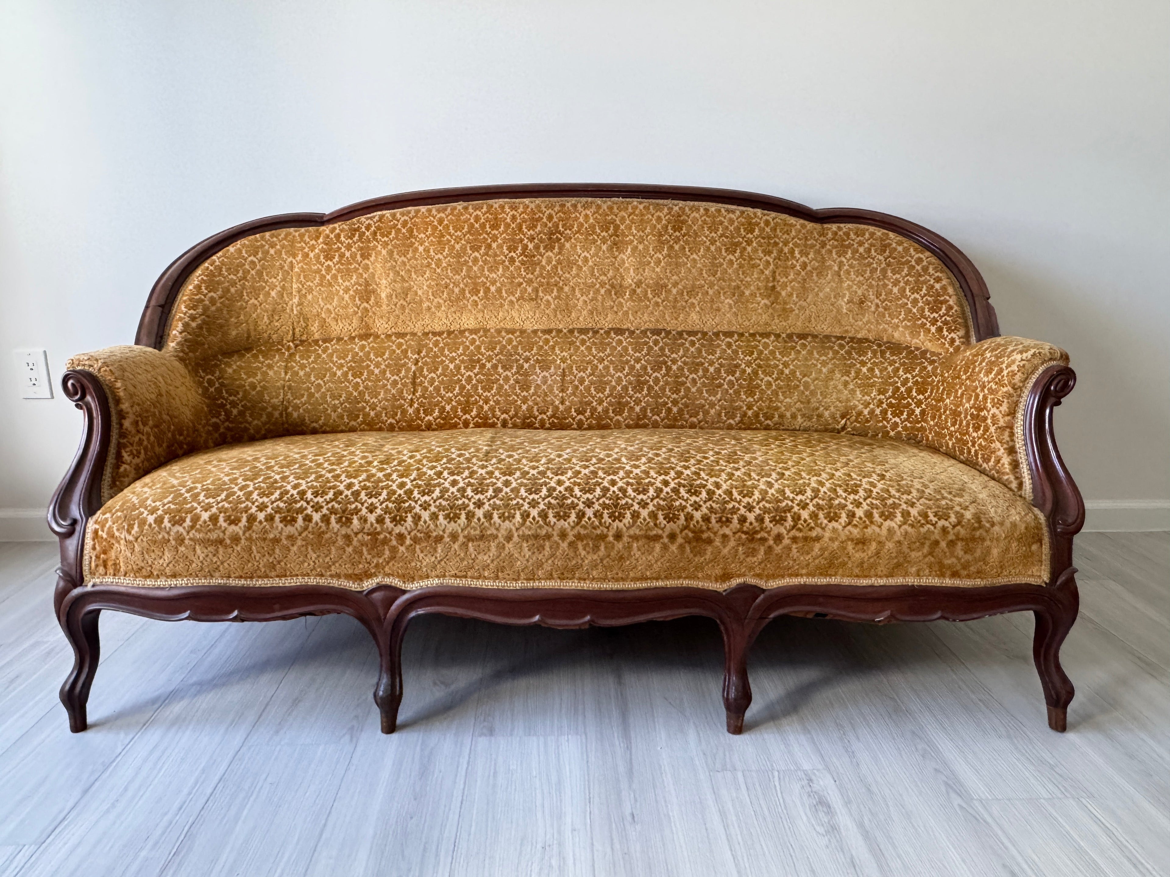 19th Century Parlor Sofa with Velvety Damask Upholstery