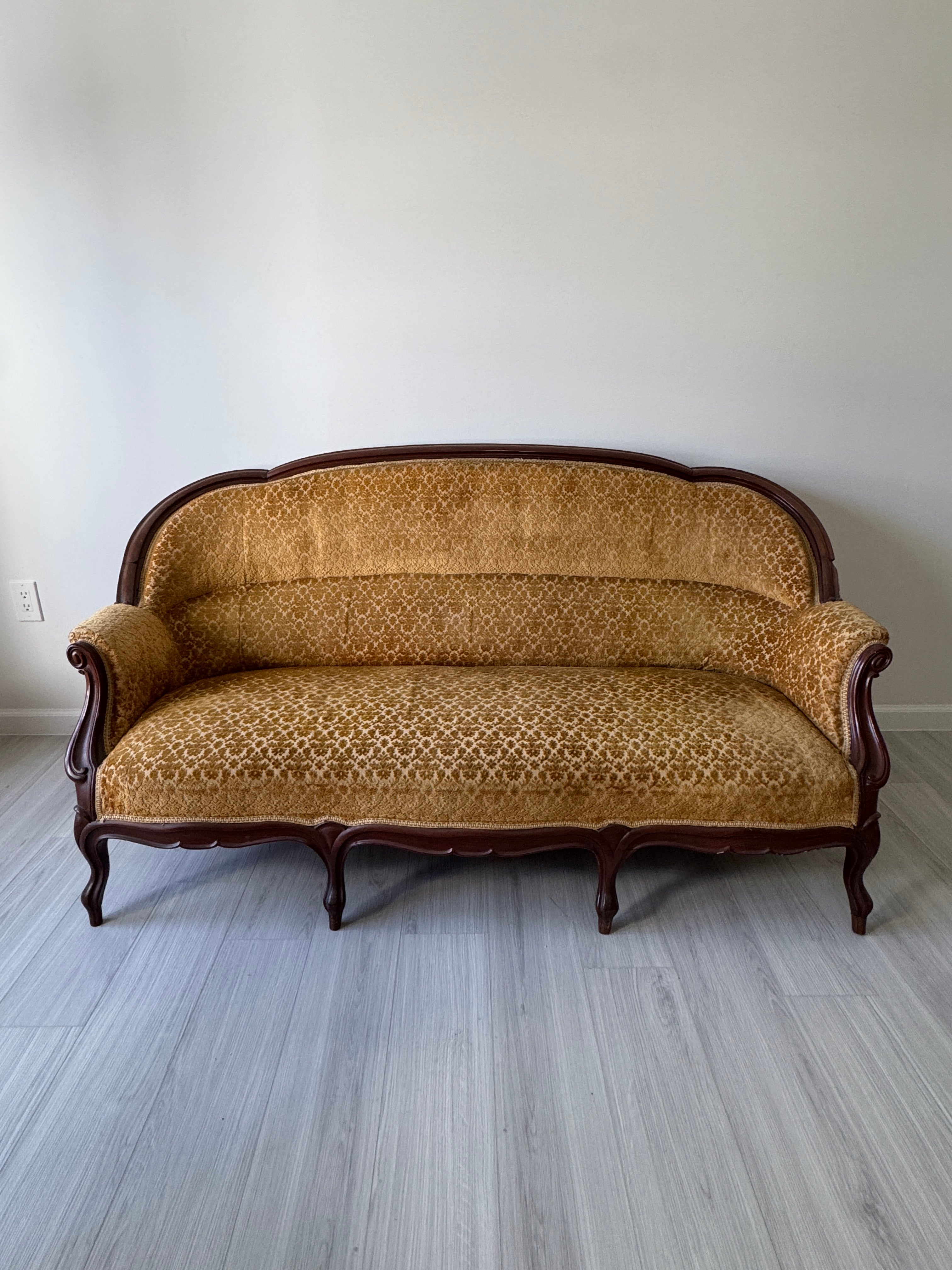 19th Century Parlor Sofa with Velvety Damask Upholstery