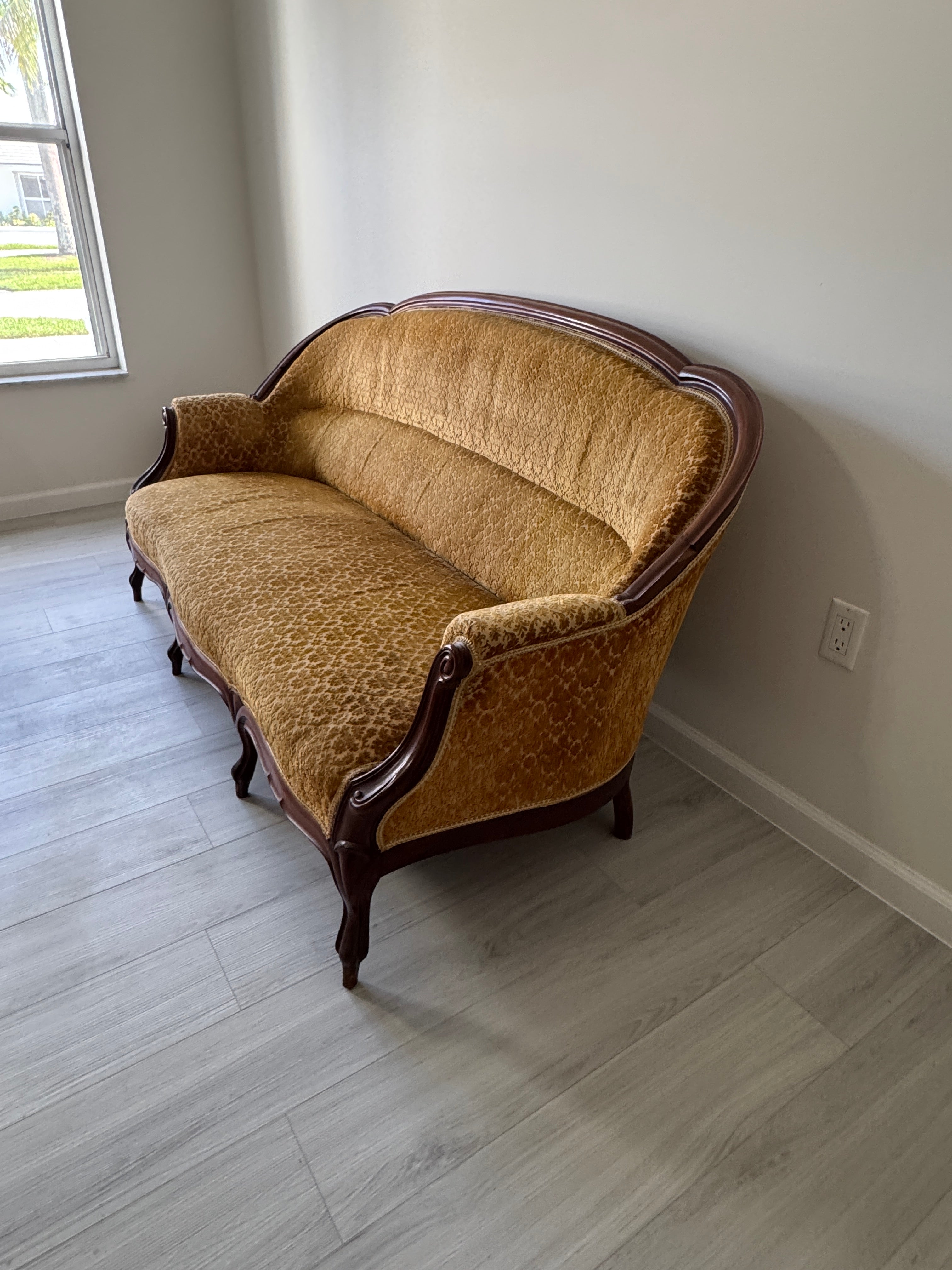 19th Century Parlor Sofa with Velvety Damask Upholstery