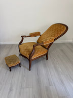 19th Century Recliner with Velvety Damask Upholstery with Footstool