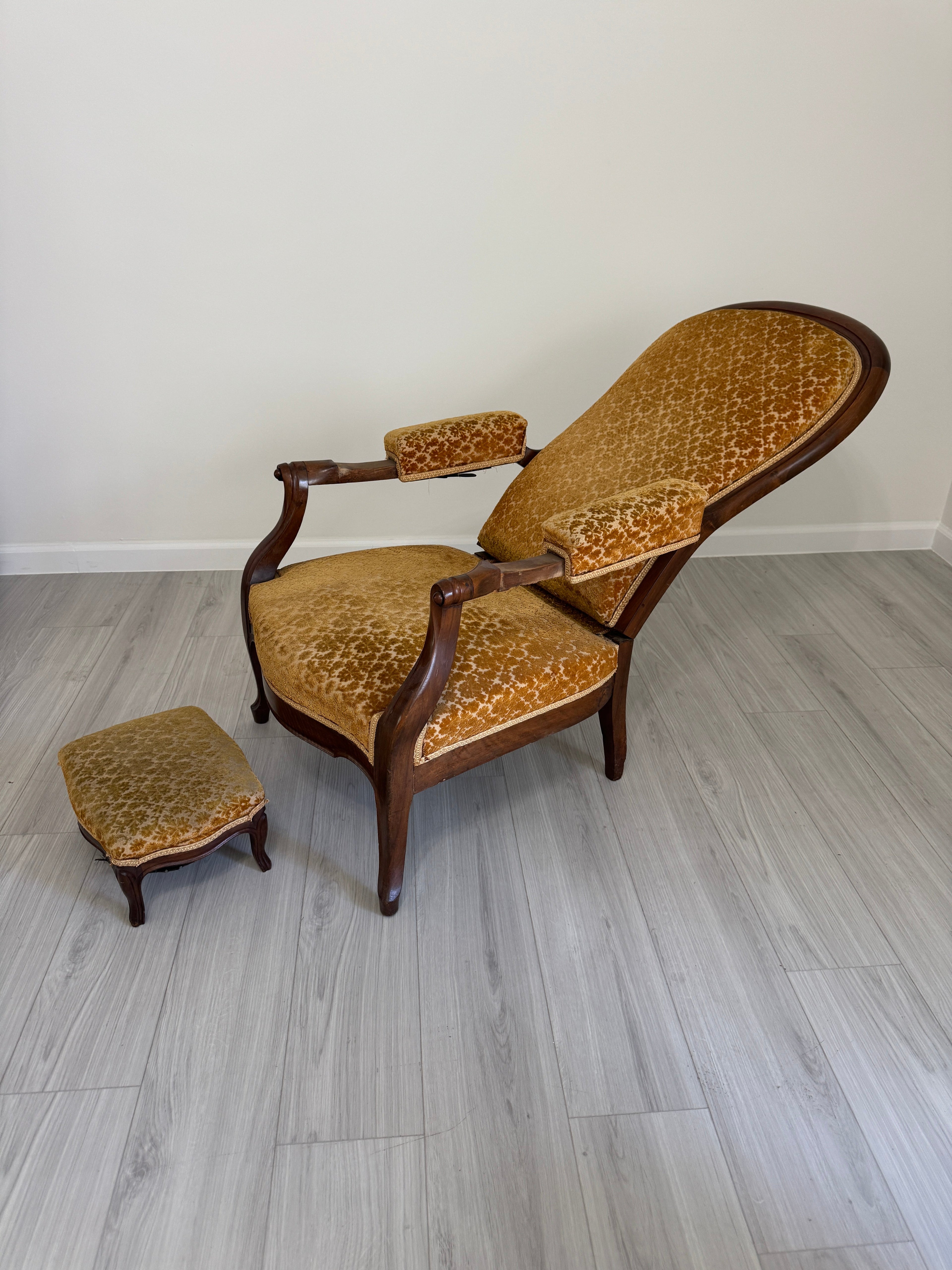 19th Century Recliner with Velvety Damask Upholstery with Footstool