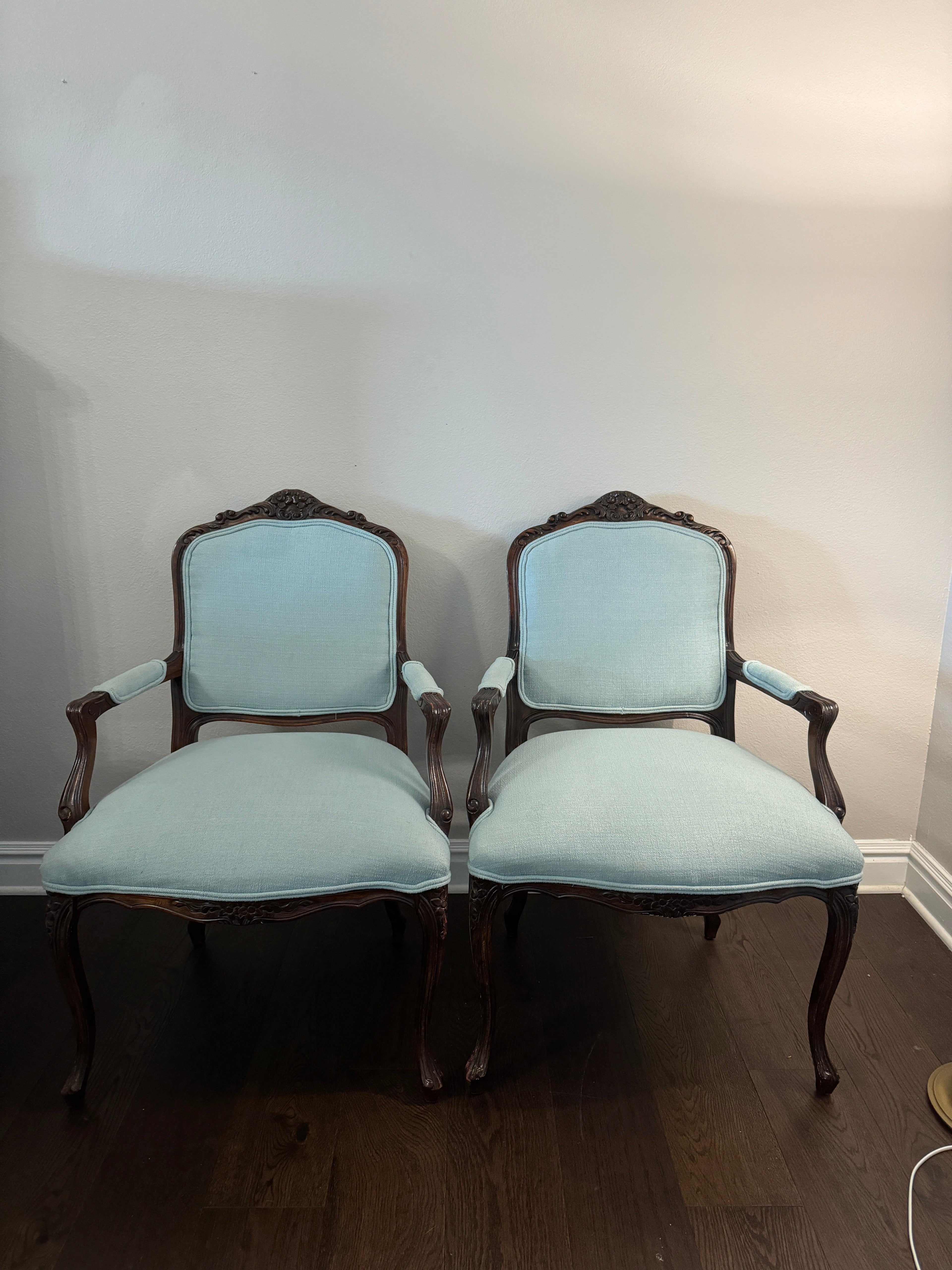 Antique Louis XV Style Carved Walnut Upholstered Arm Chairs - Set of Two
