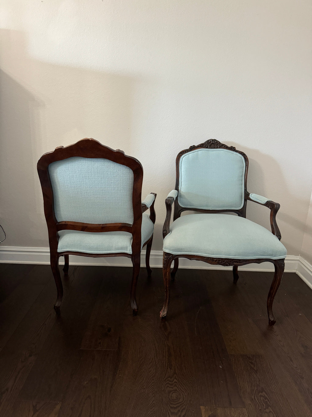 Antique Louis XV Style Carved Walnut Upholstered Arm Chairs - Set of Two