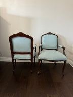 Antique Louis XV Style Carved Walnut Upholstered Arm Chairs - Set of Two