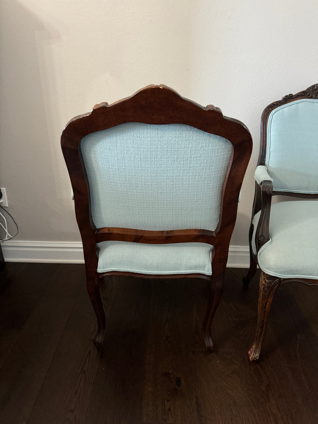 Antique Louis XV Style Carved Walnut Upholstered Arm Chairs - Set of Two