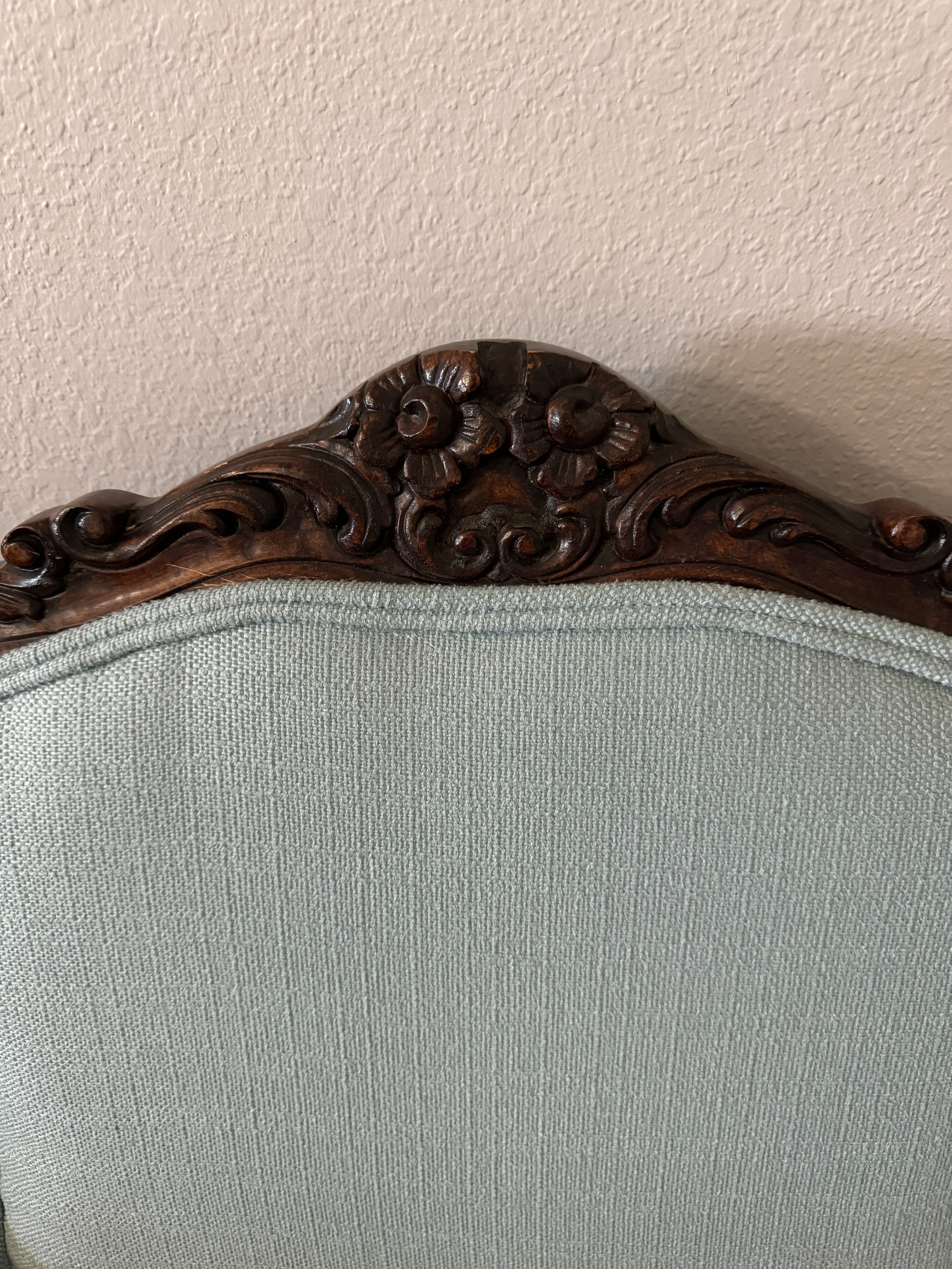 Antique Louis XV Style Carved Walnut Upholstered Arm Chairs - Set of Two