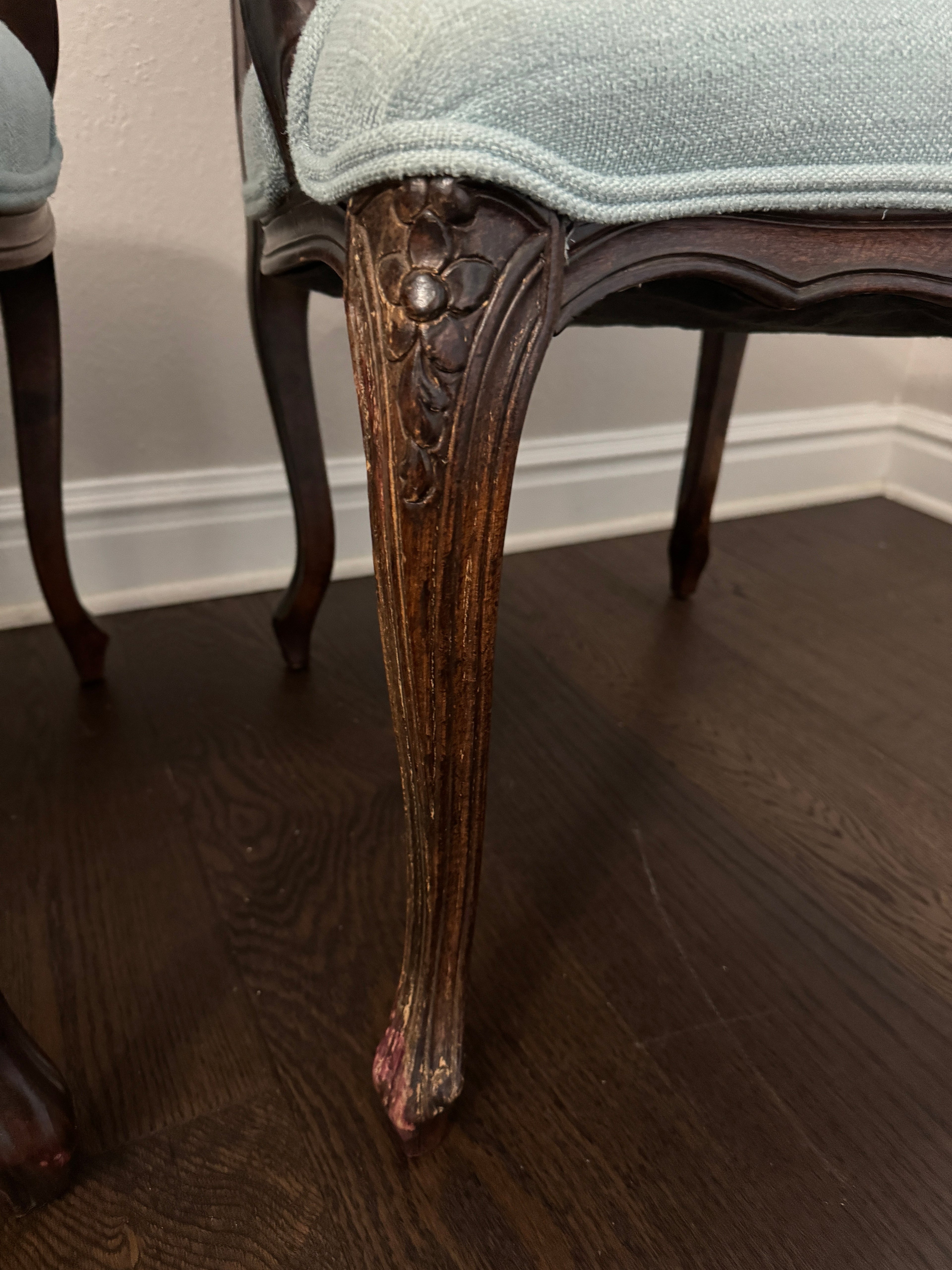 Antique Louis XV Style Carved Walnut Upholstered Arm Chairs - Set of Two