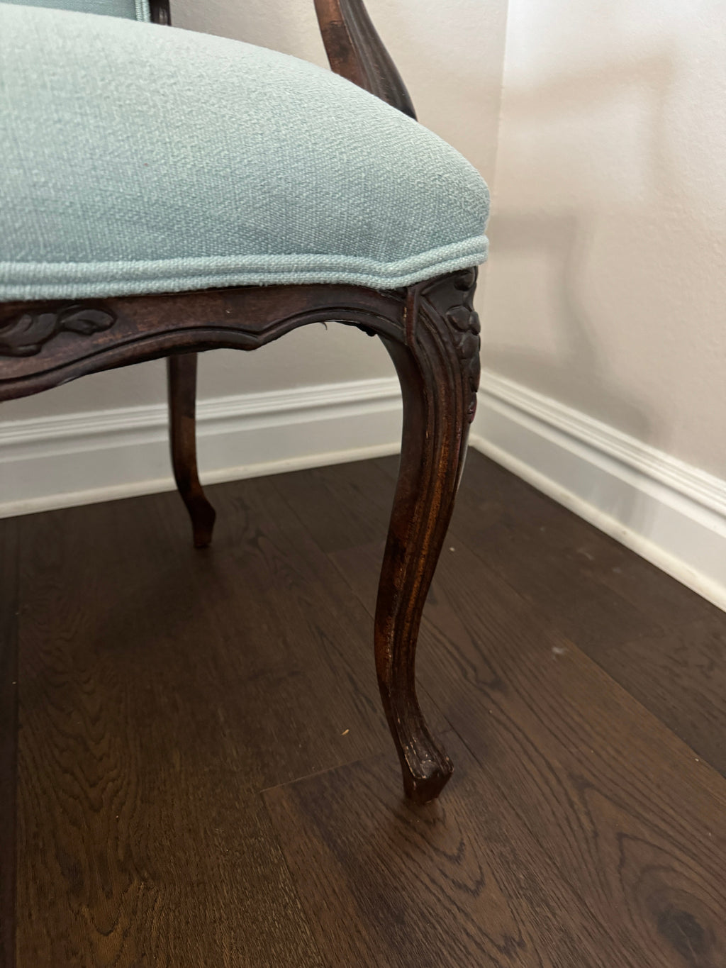 Antique Louis XV Style Carved Walnut Upholstered Arm Chairs - Set of Two