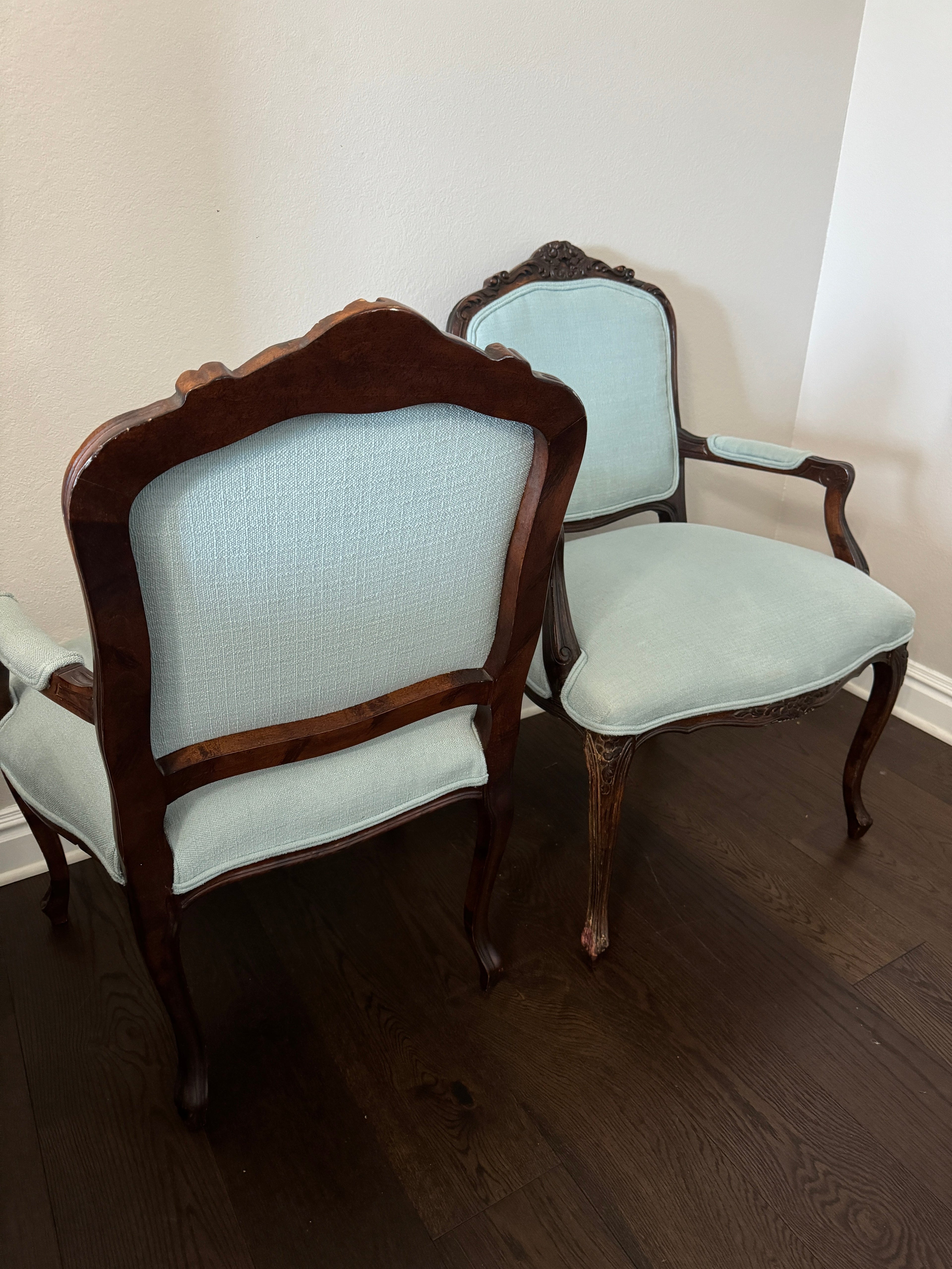 Antique Louis XV Style Carved Walnut Upholstered Arm Chairs - Set of Two
