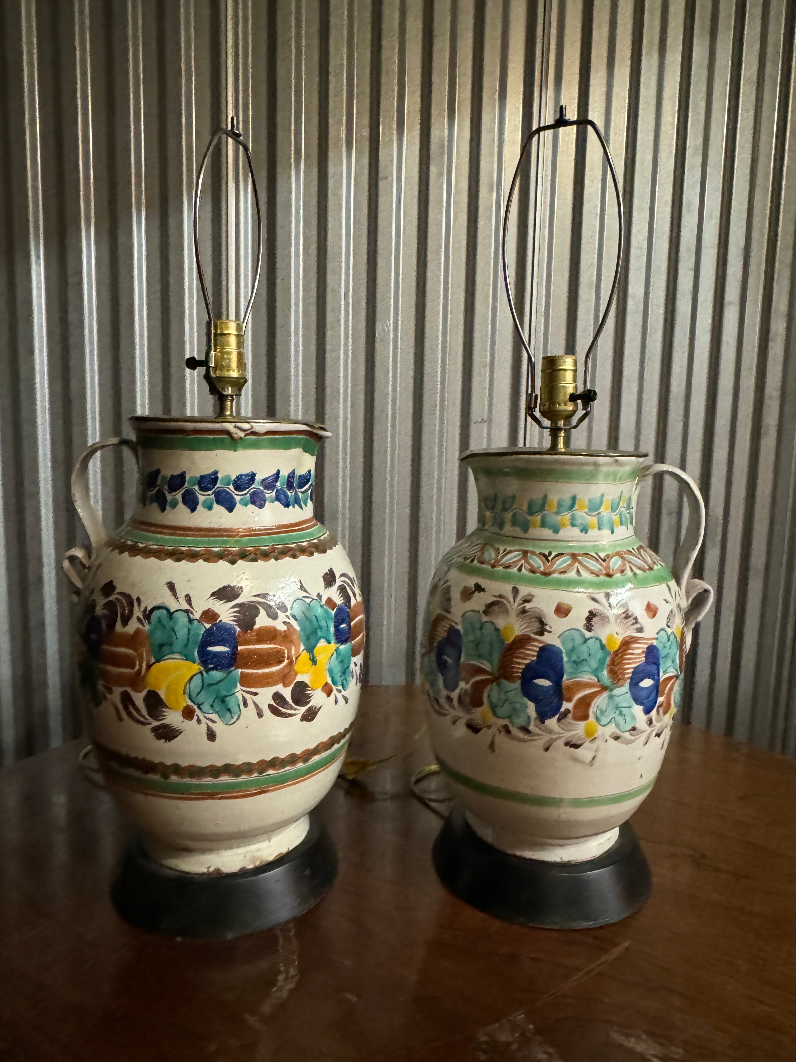 Vintage 1960s Colorful Mexican Pitcher Table or Desk Lamps - Set of 2