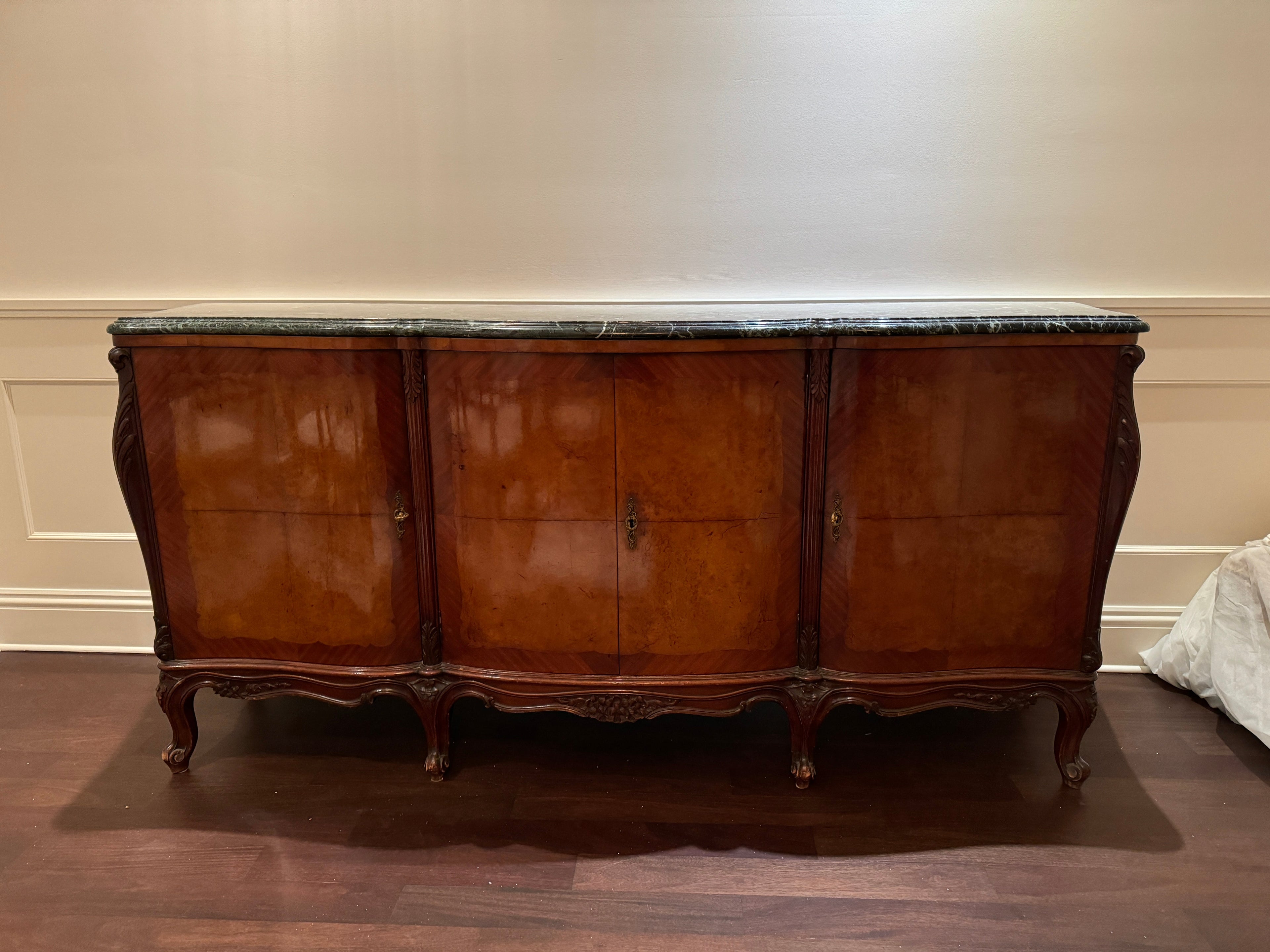 Antique French Louis XV Style Marble Top Marquetry Credenza/Sideboard/Buffet