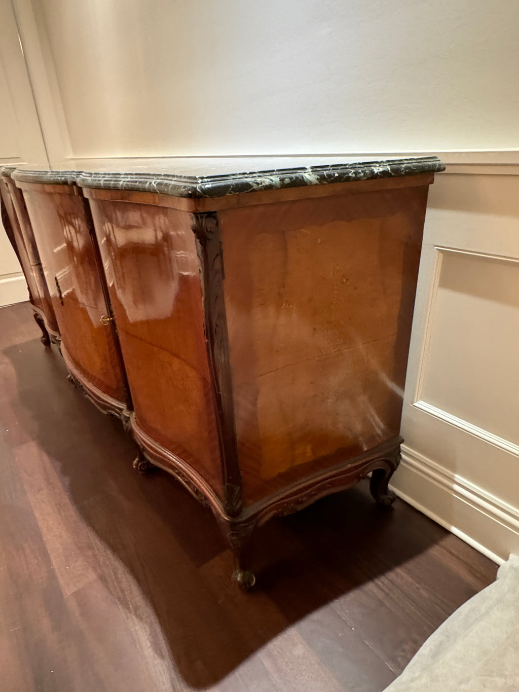 Antique French Louis XV Style Marble Top Marquetry Credenza/Sideboard/Buffet
