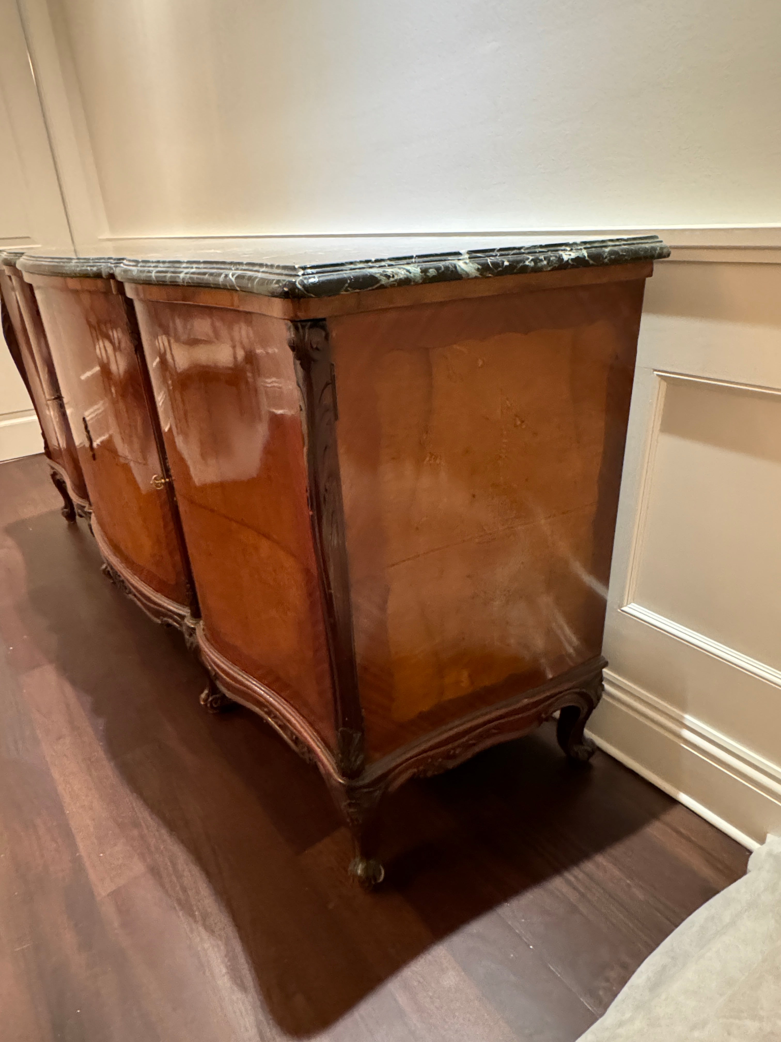 Antique French Louis XV Style Marble Top Marquetry Credenza/Sideboard/Buffet