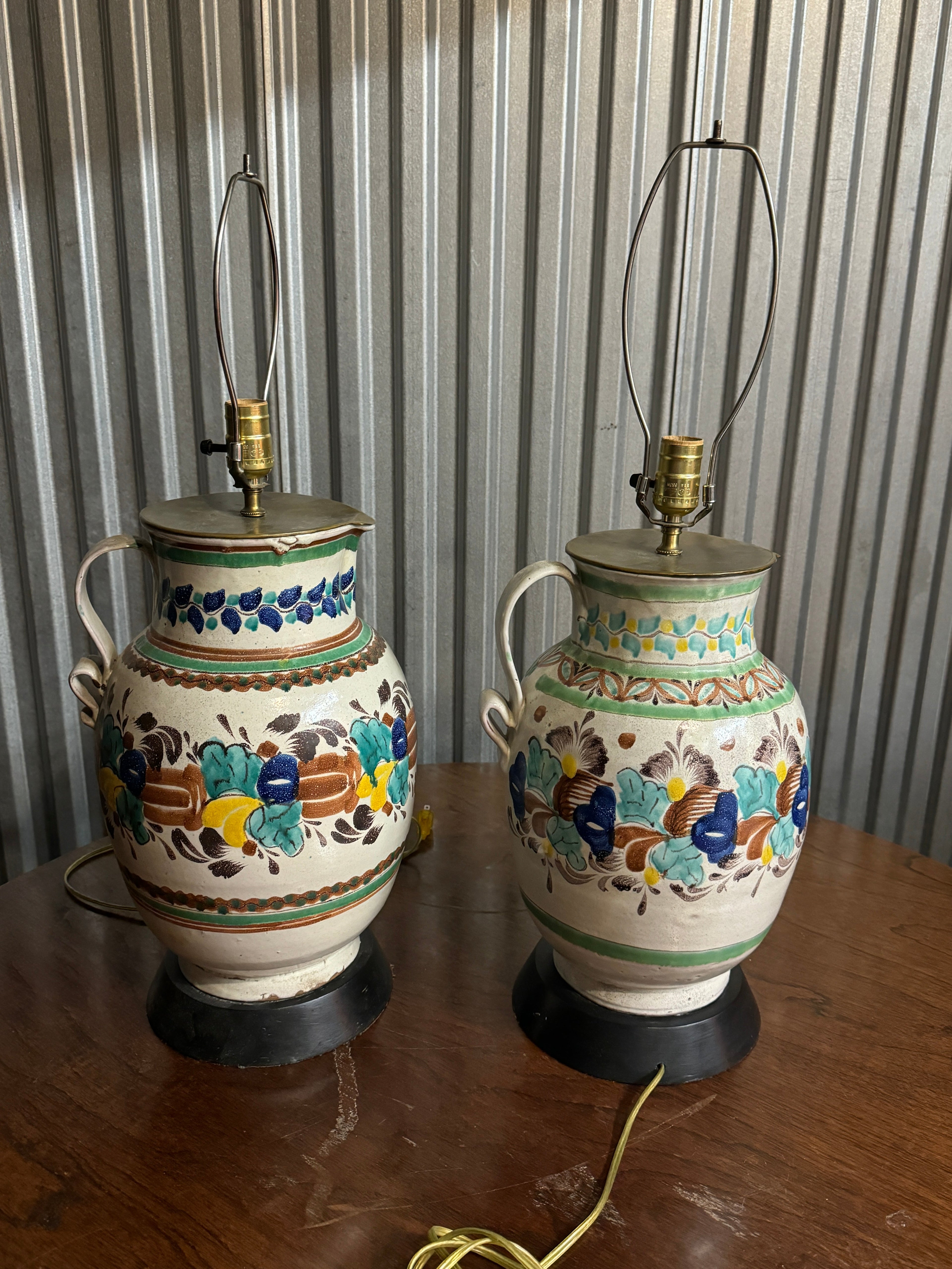 Vintage 1960s Colorful Mexican Pitcher Table or Desk Lamps - Set of 2
