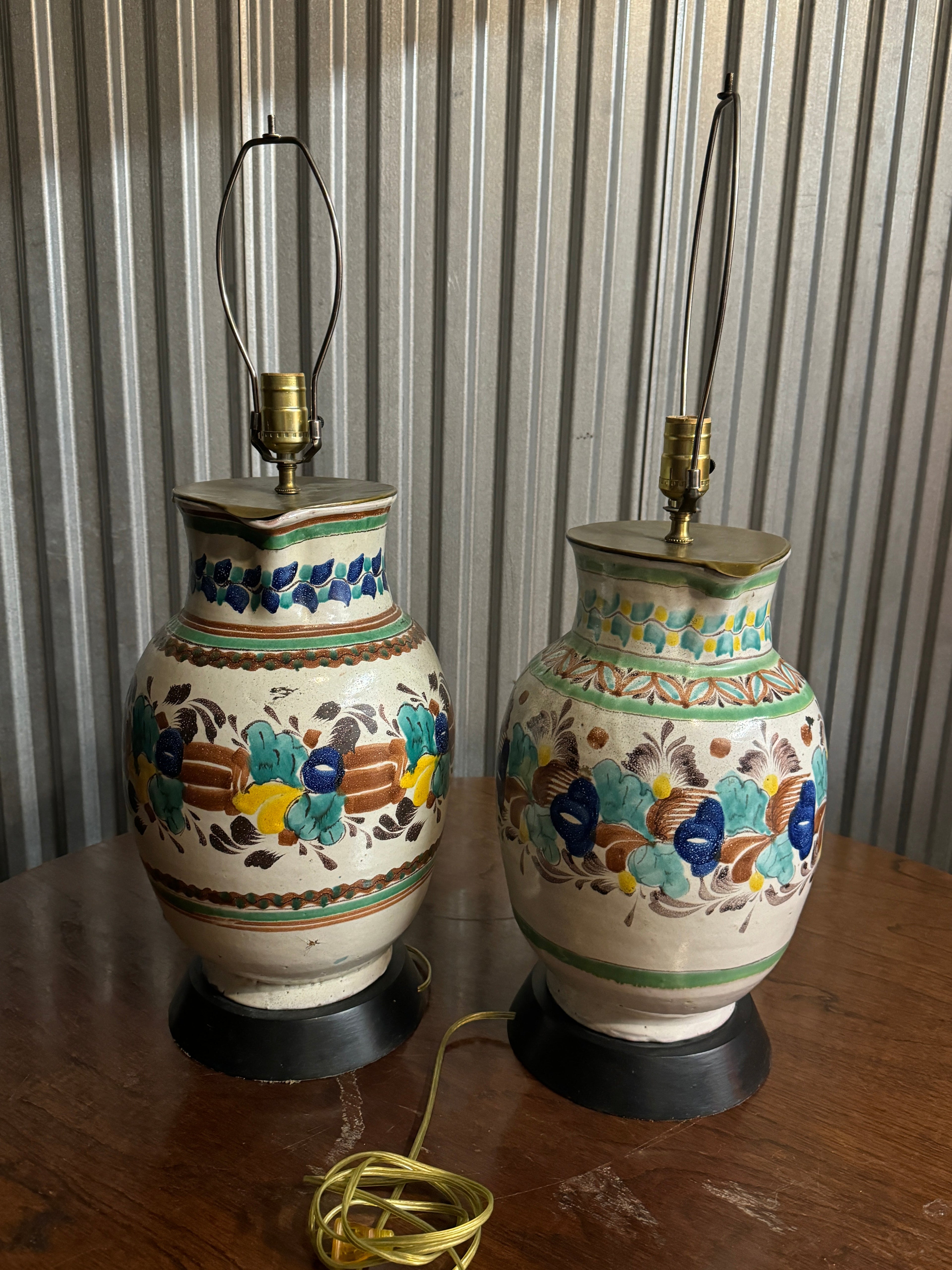 Vintage 1960s Colorful Mexican Pitcher Table or Desk Lamps - Set of 2