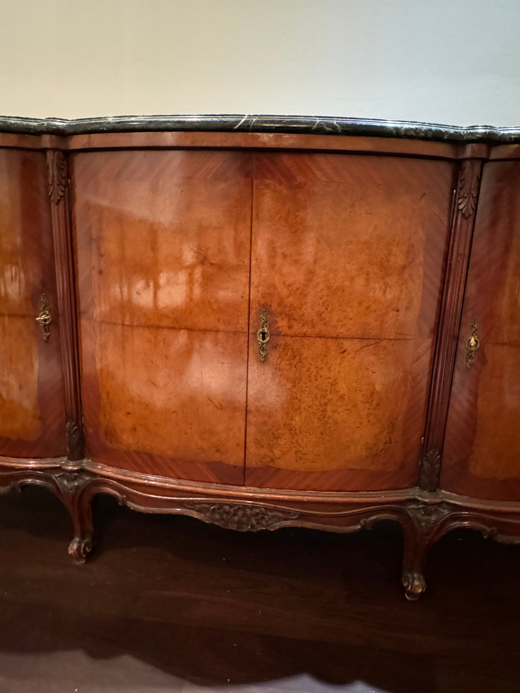 Antique French Louis XV Style Marble Top Marquetry Credenza/Sideboard/Buffet