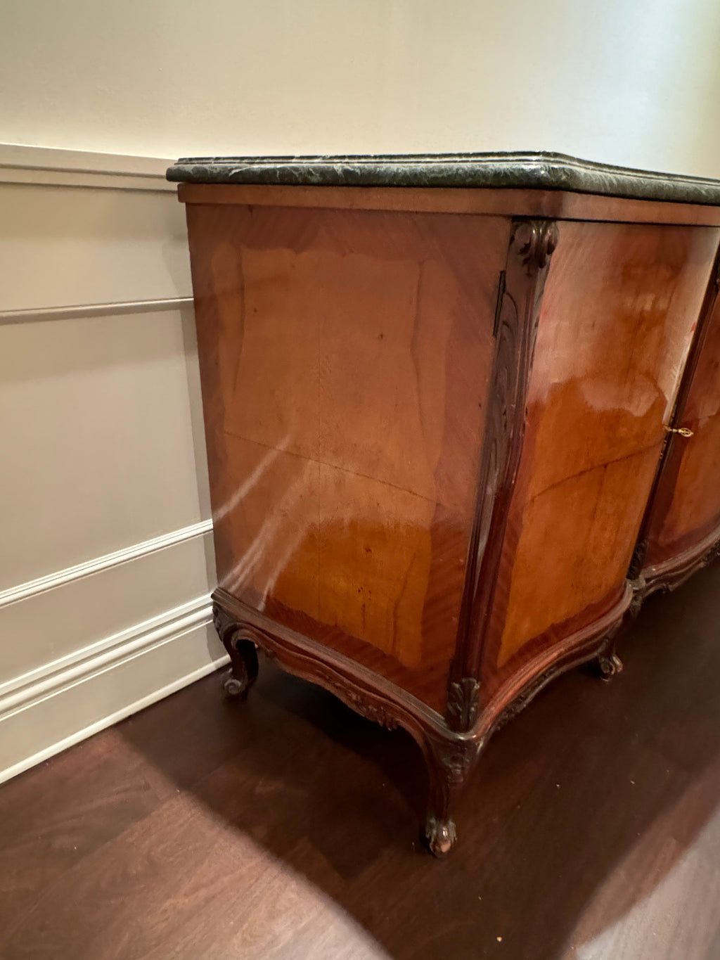 Antique French Louis XV Style Marble Top Marquetry Credenza/Sideboard/Buffet