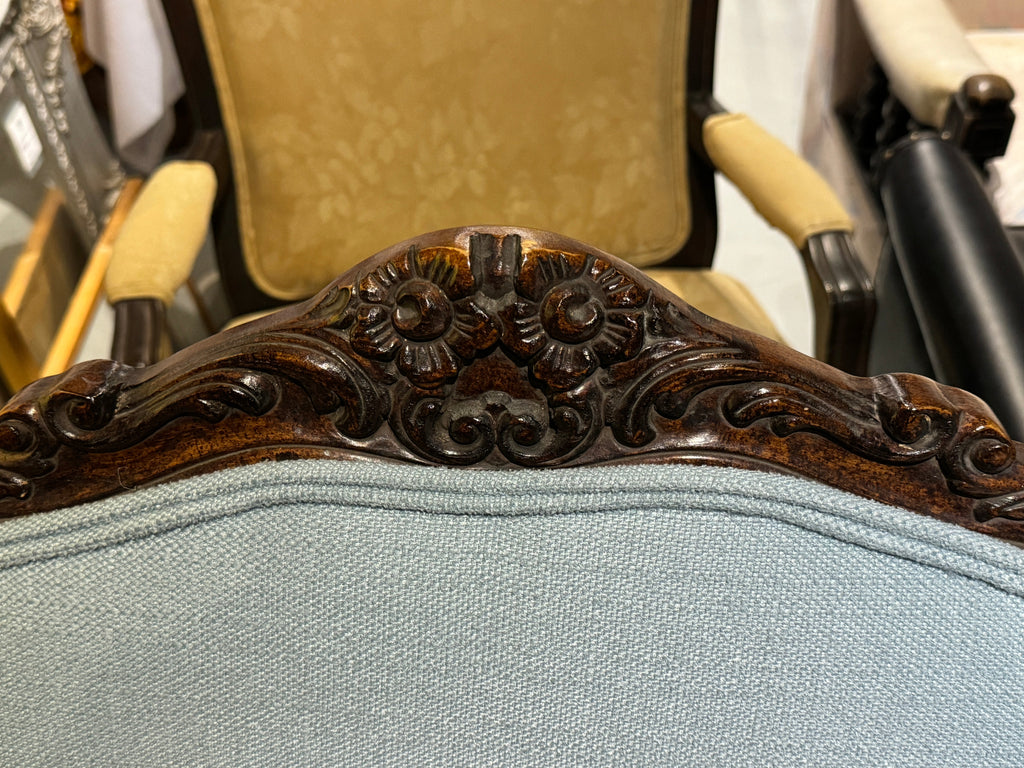 Antique Louis XV Style Carved Walnut Upholstered Arm Chairs - Set of Two