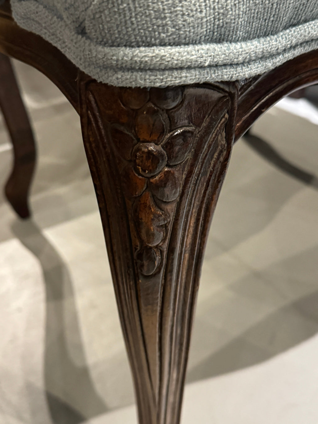 Antique Louis XV Style Carved Walnut Upholstered Arm Chairs - Set of Two