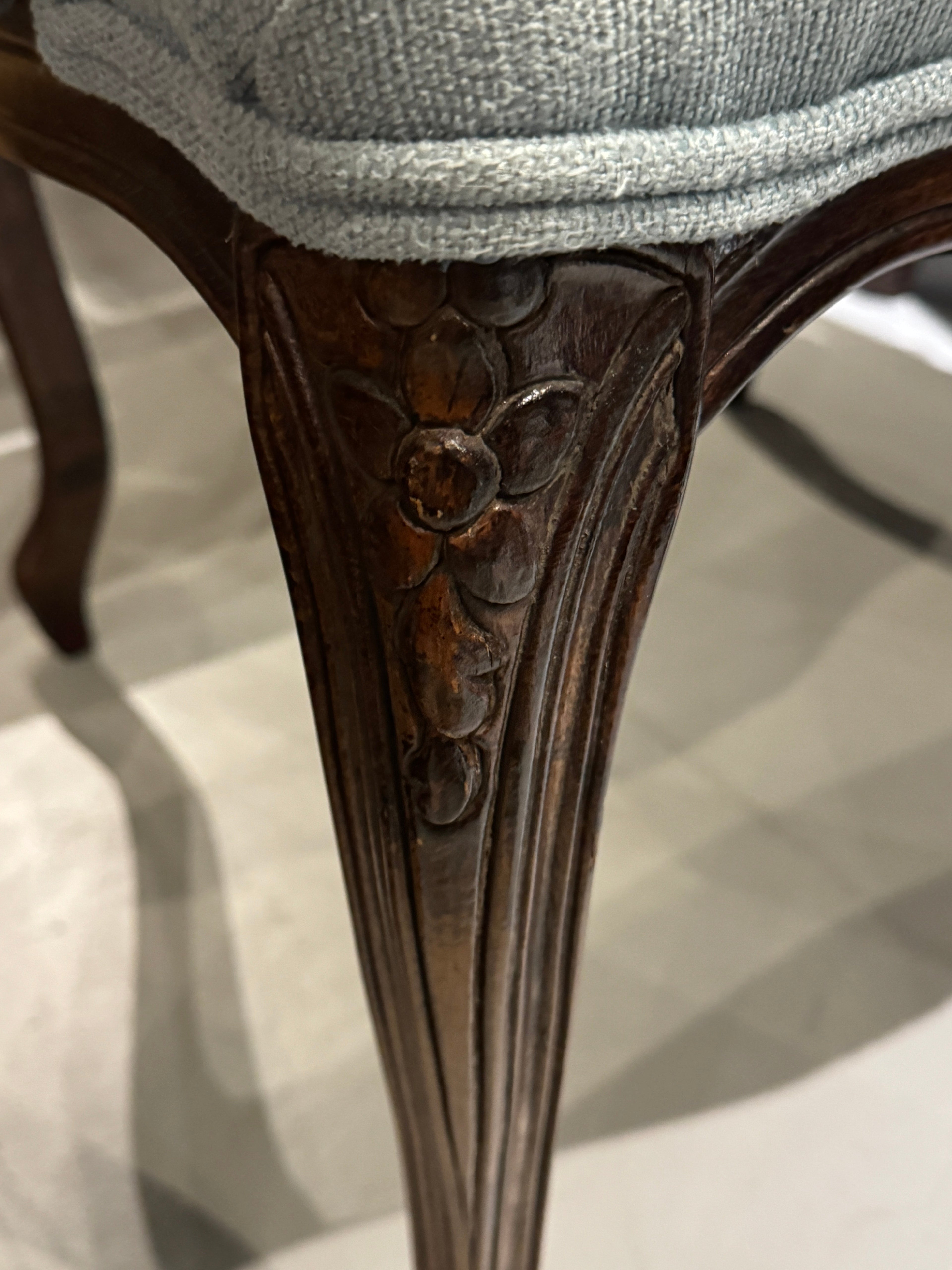 Antique Louis XV Style Carved Walnut Upholstered Arm Chairs - Set of Two