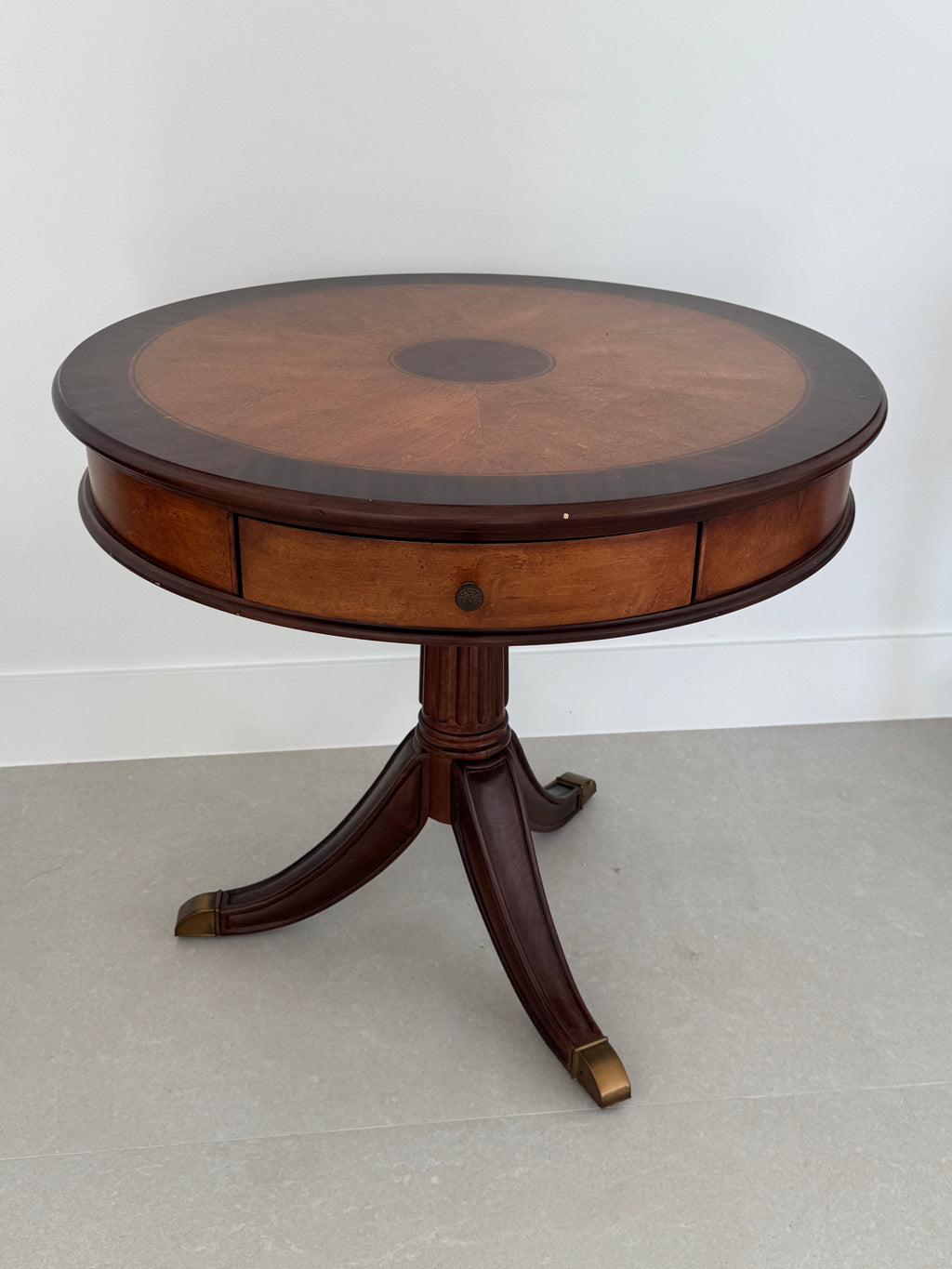 Vintage Schnadig Mahogany Pedestal Round End Table or Drum Table