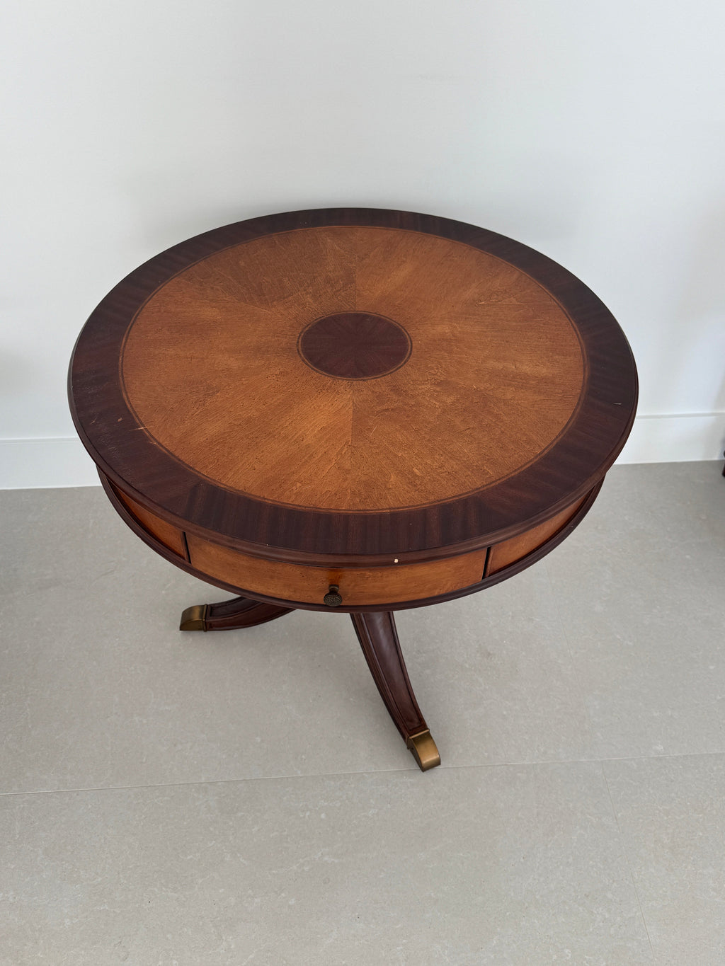 Vintage Schnadig Mahogany Pedestal Round End Table or Drum Table