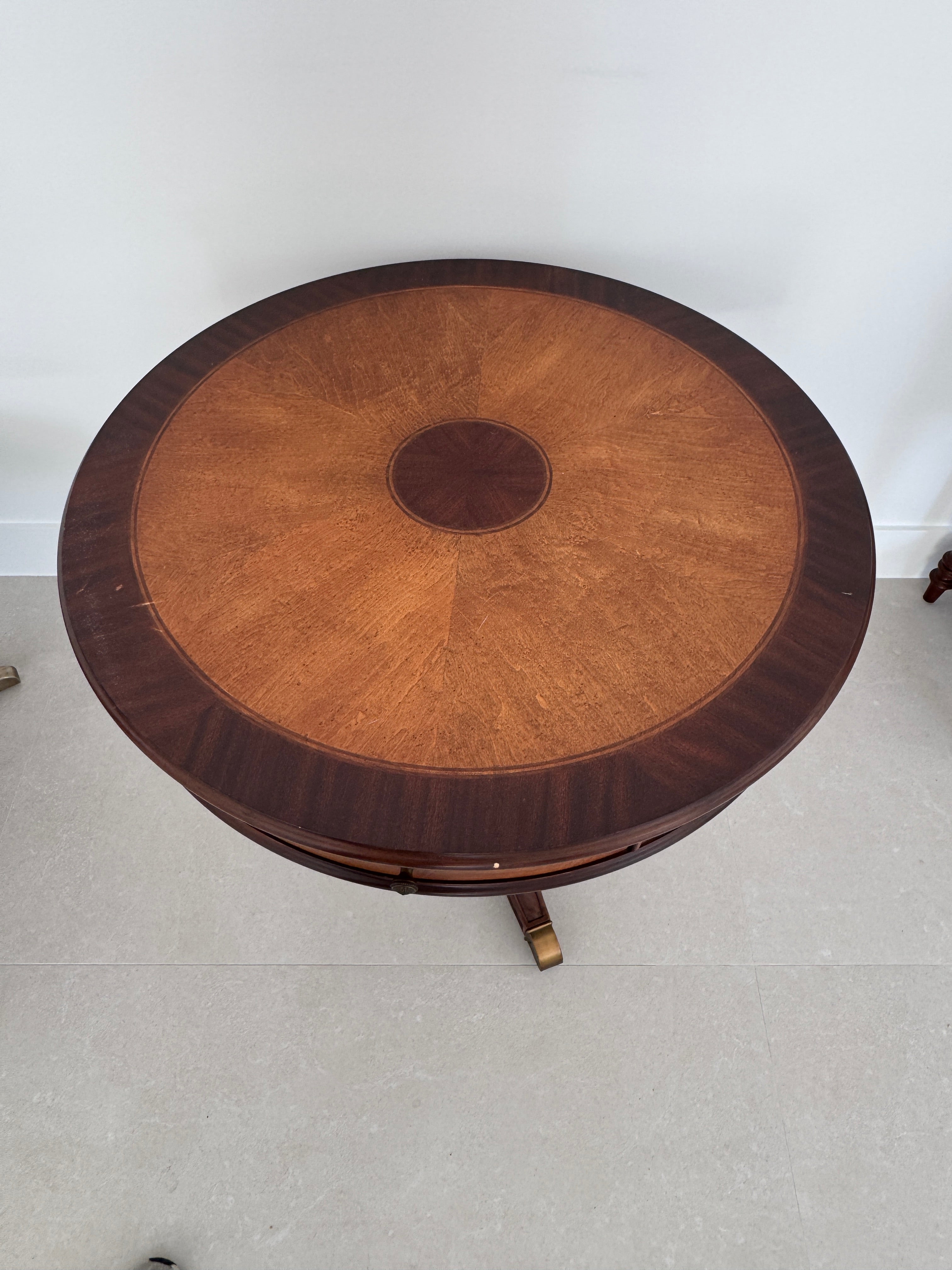 Vintage Schnadig Mahogany Pedestal Round End Table or Drum Table