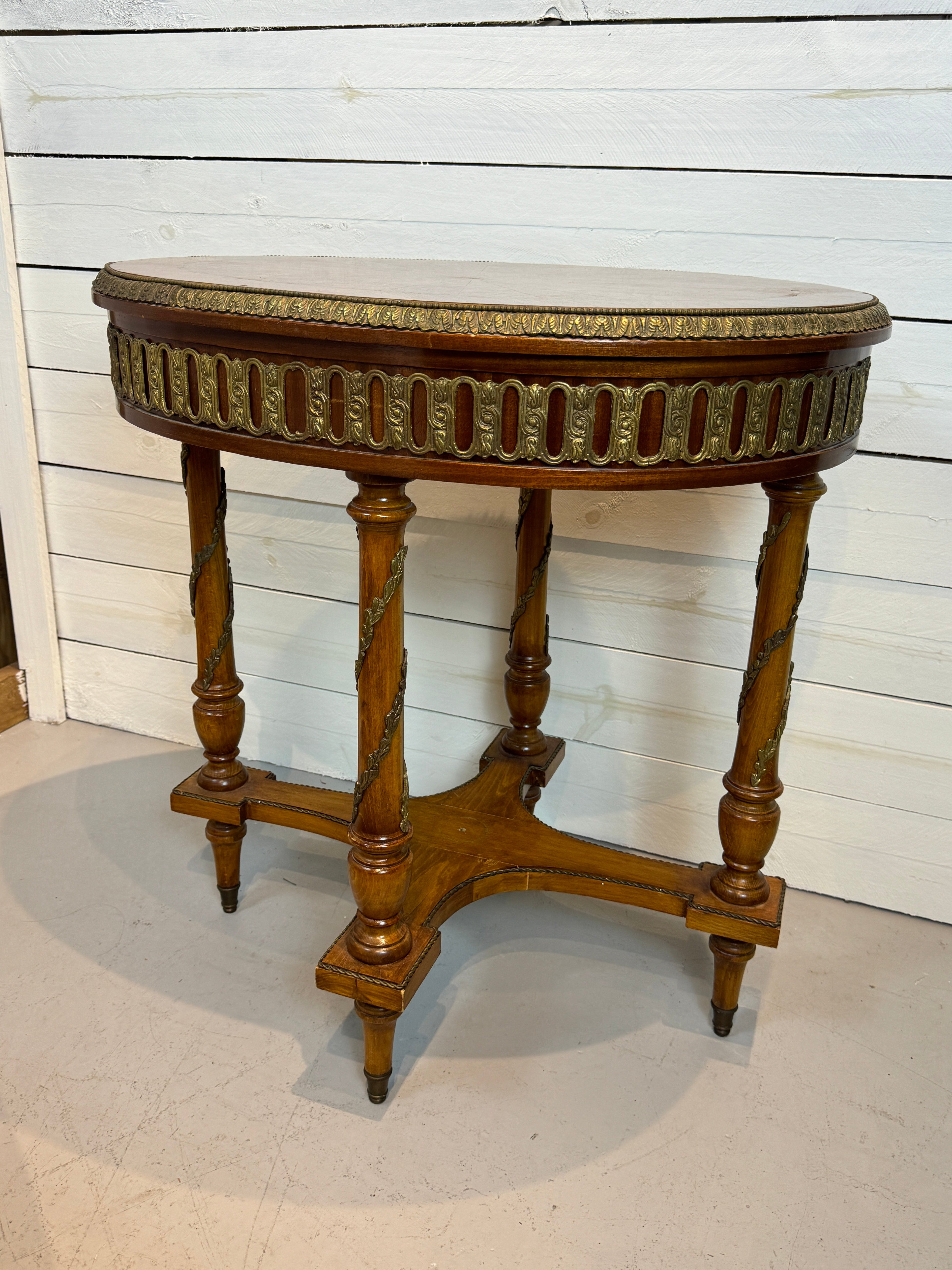 Bronze Ormolu Mounted Oval Marquetry End, Side or Accent Table