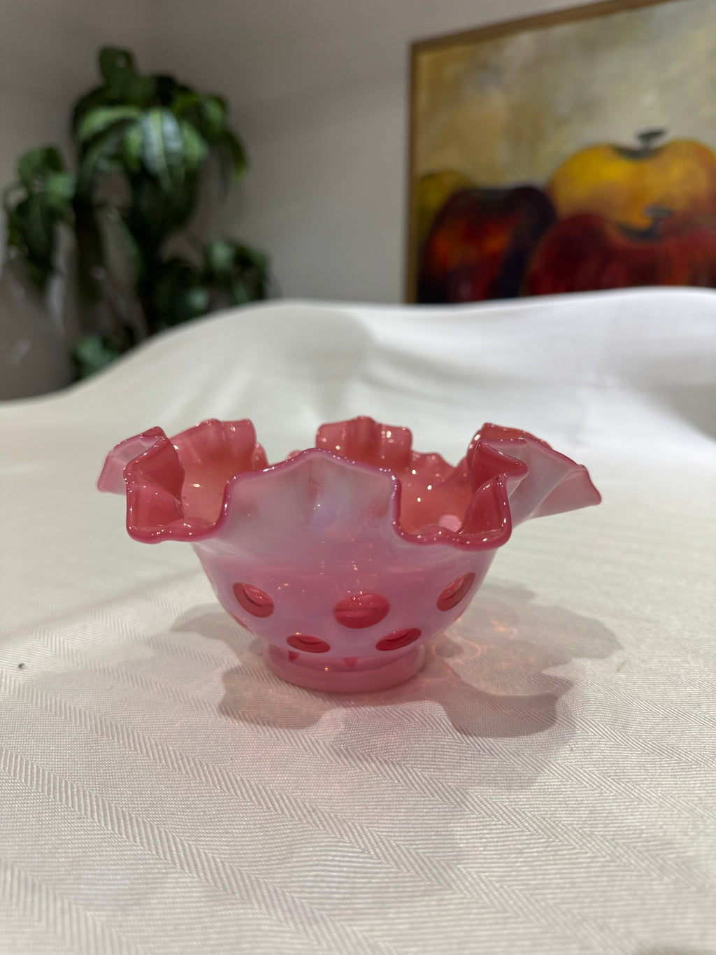 Vintage Fenton Cranberry Coin Dot Ruffle Edge Candy Dish Bowl