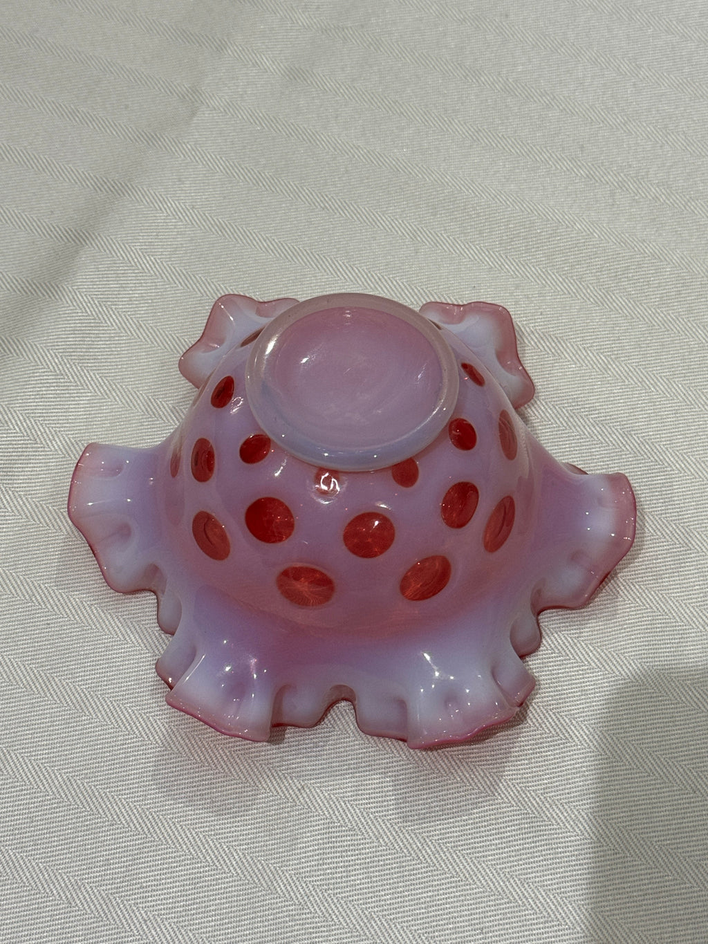 Vintage Fenton Cranberry Coin Dot Ruffle Edge Candy Dish Bowl