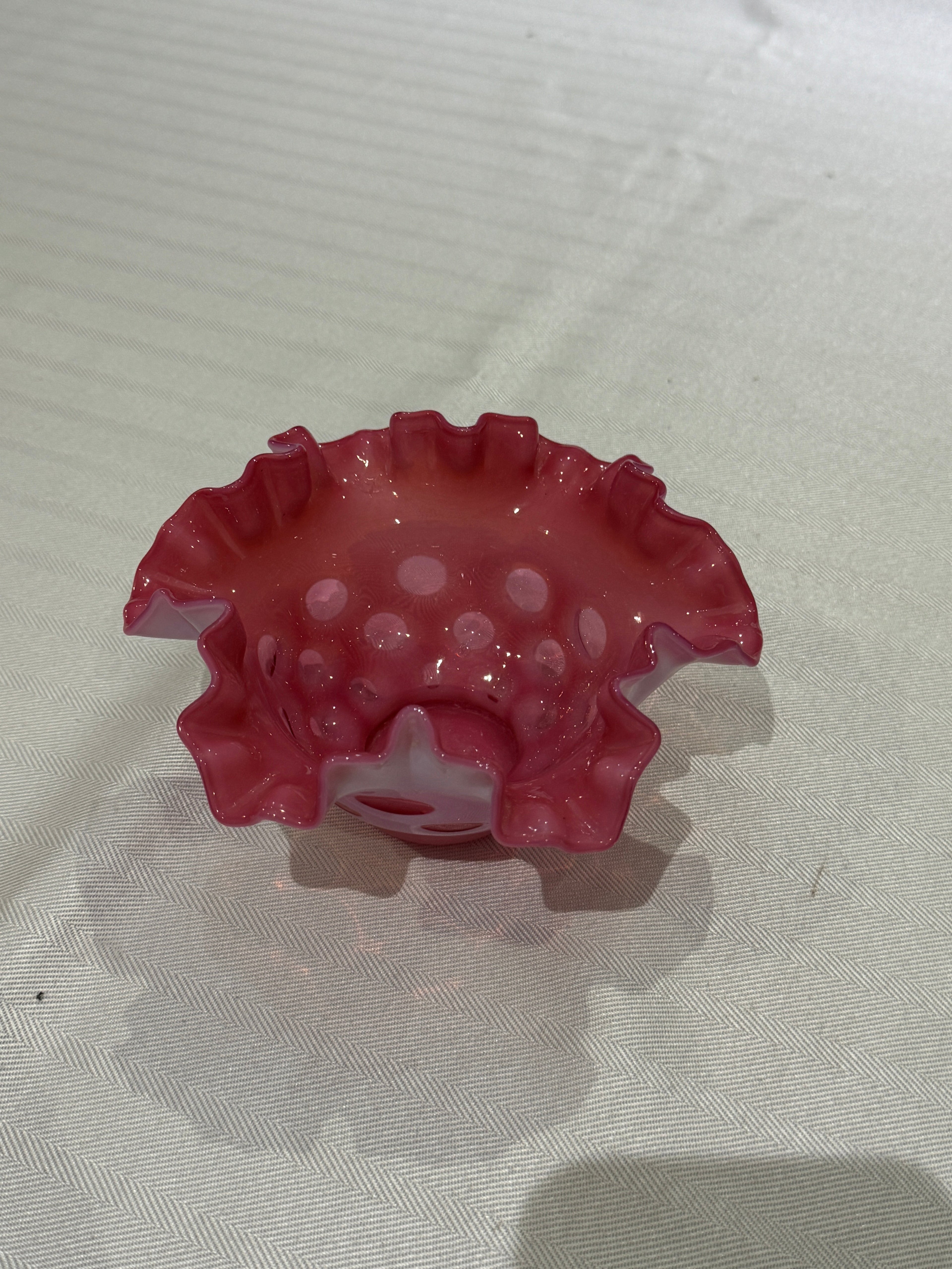 Vintage Fenton Cranberry Coin Dot Ruffle Edge Candy Dish Bowl