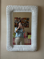 Vintage 1980s White Wicker Rattan Framed Wall Mirror