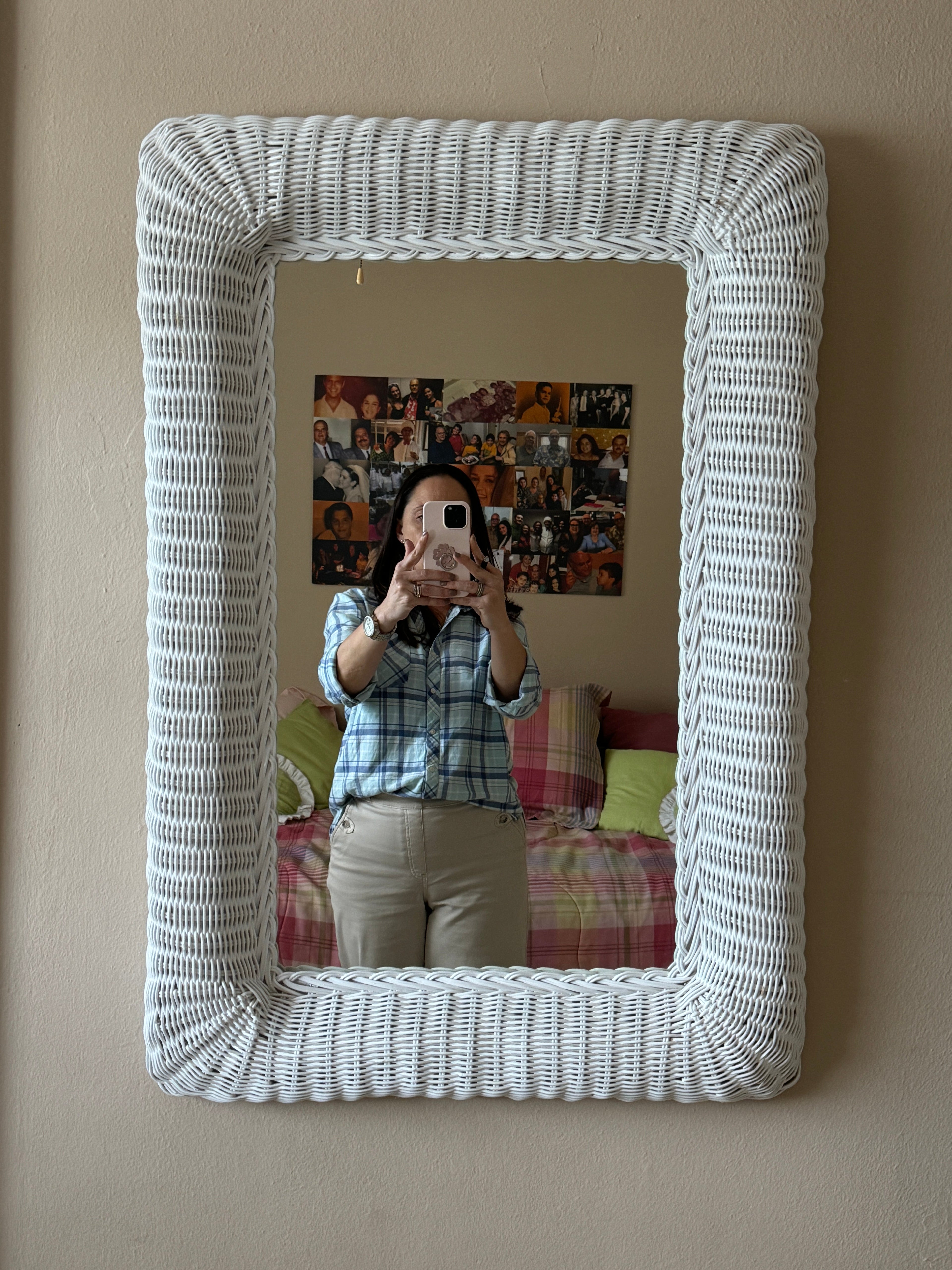 Vintage 1980s White Wicker Rattan Framed Wall Mirror