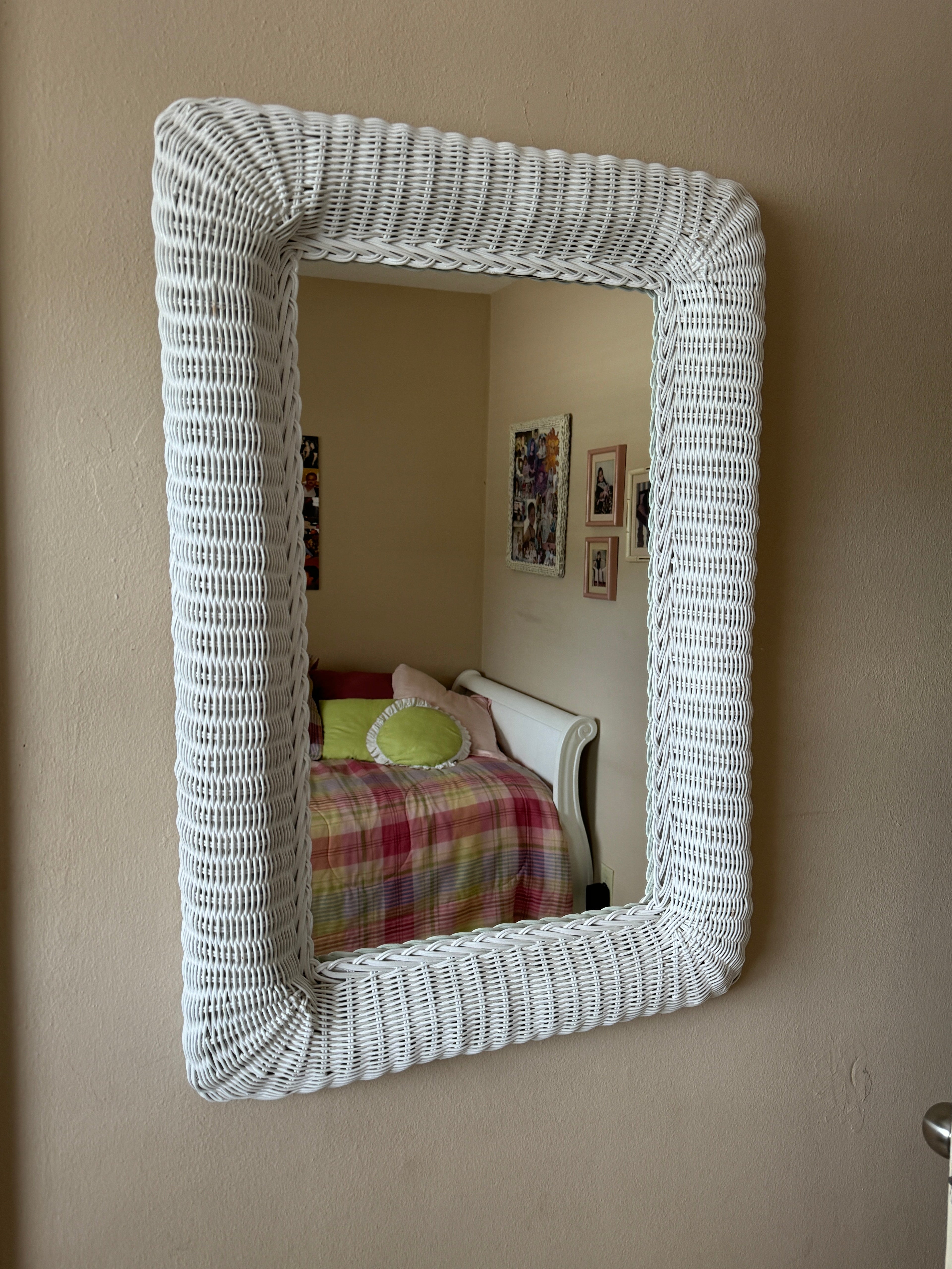 Vintage 1980s White Wicker Rattan Framed Wall Mirror