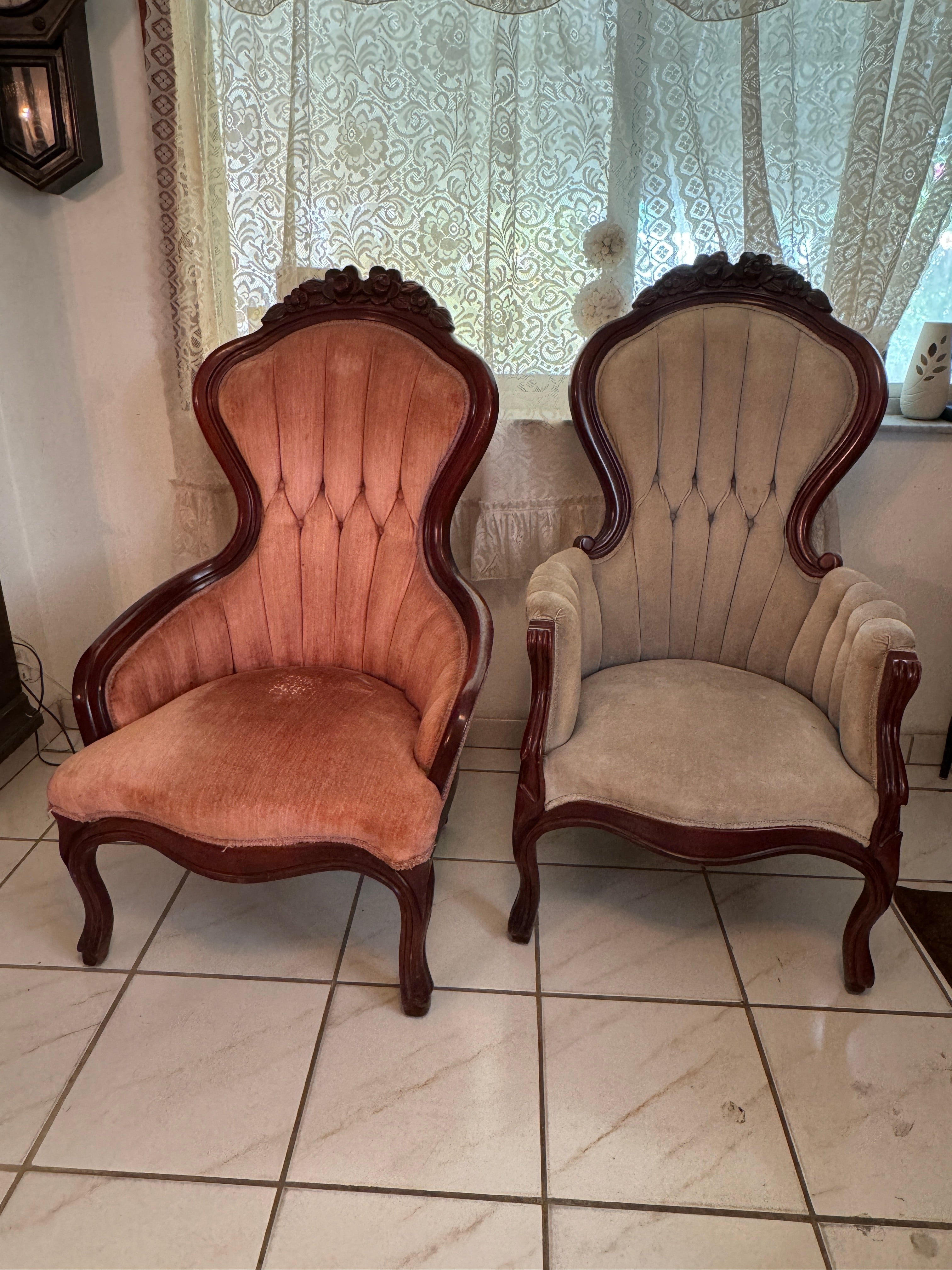 Vintage Kimball Victorian Mahogany Parlor Chairs - Set of Two Ladies and Gentleman's Chairs