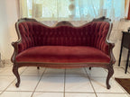 1940s Victorian Carved Mahogany Red Wine Velvet Parlor Settee /Loveseat / Sofa / Couch