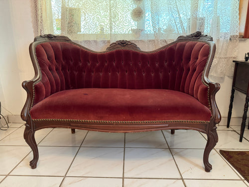1940s Victorian Carved Mahogany Red Wine Velvet Parlor Settee /Loveseat / Sofa / Couch