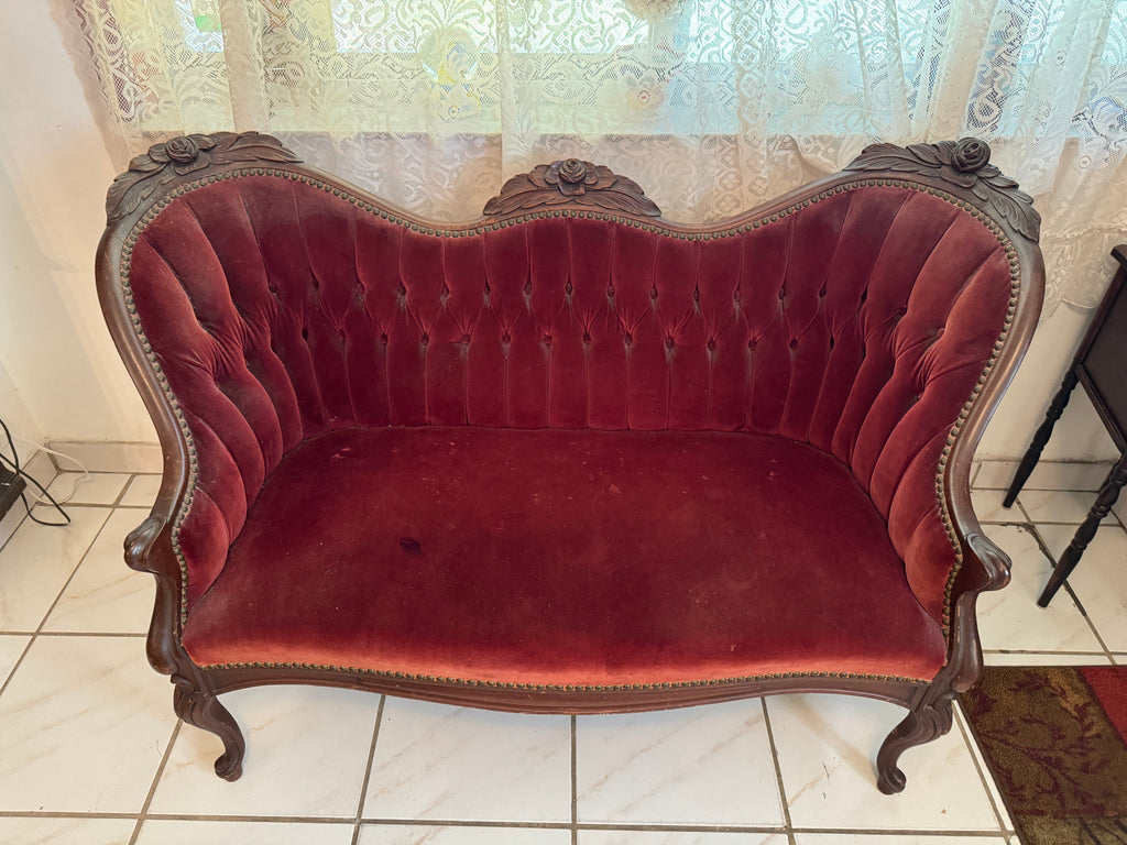 1940s Victorian Carved Mahogany Red Wine Velvet Parlor Settee /Loveseat / Sofa / Couch