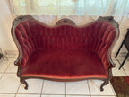 1940s Victorian Carved Mahogany Red Wine Velvet Parlor Settee /Loveseat / Sofa / Couch