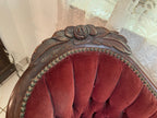 1940s Victorian Carved Mahogany Red Wine Velvet Parlor Settee /Loveseat / Sofa / Couch