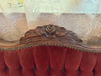 1940s Victorian Carved Mahogany Red Wine Velvet Parlor Settee /Loveseat / Sofa / Couch