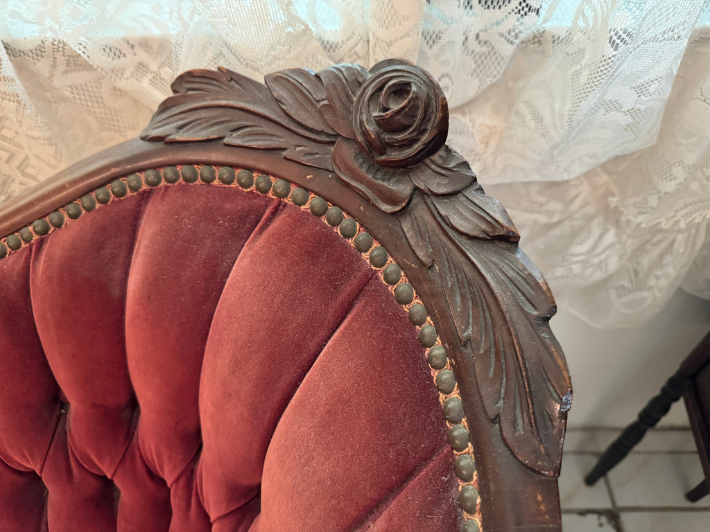 1940s Victorian Carved Mahogany Red Wine Velvet Parlor Settee /Loveseat / Sofa / Couch