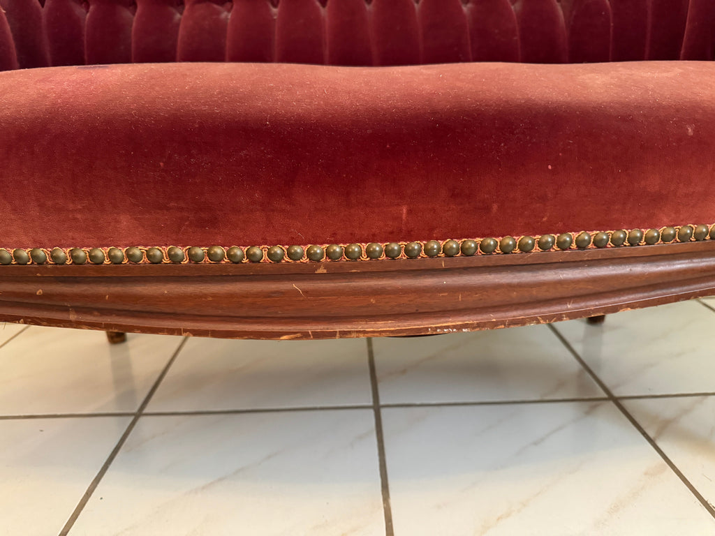 1940s Victorian Carved Mahogany Red Wine Velvet Parlor Settee /Loveseat / Sofa / Couch