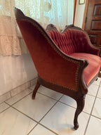 1940s Victorian Carved Mahogany Red Wine Velvet Parlor Settee /Loveseat / Sofa / Couch
