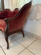 1940s Victorian Carved Mahogany Red Wine Velvet Parlor Settee /Loveseat / Sofa / Couch